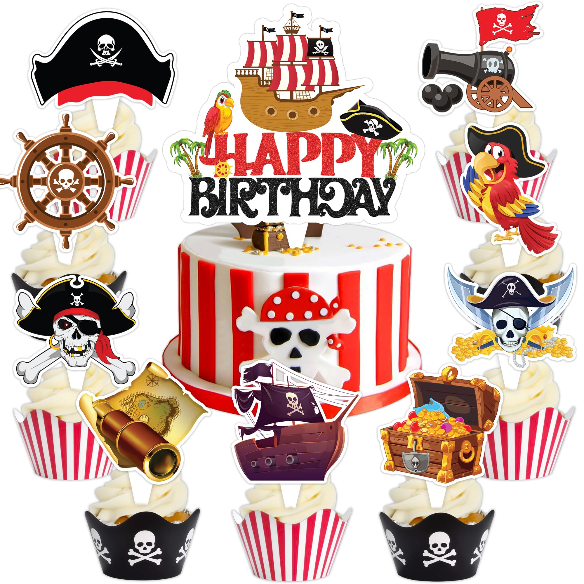 Pirate Cake Topper Picks, 25 PCS Pirate Nautical Cupcake Toppers Cake Decorations Mermaids Treasure Theme Birthday Party Supplies Favors Decor Ship Centerpiece Table for Boys Girls Carnival Rewards