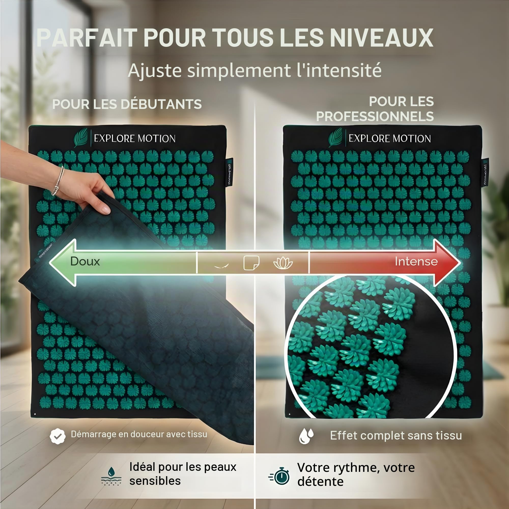 Tapis d'acupression original 6 en 1 - Set de qualité supérieure en fibres naturelles - Massage du dos et du cou contre le stress et les tensions - Avec coussin et balle de massage