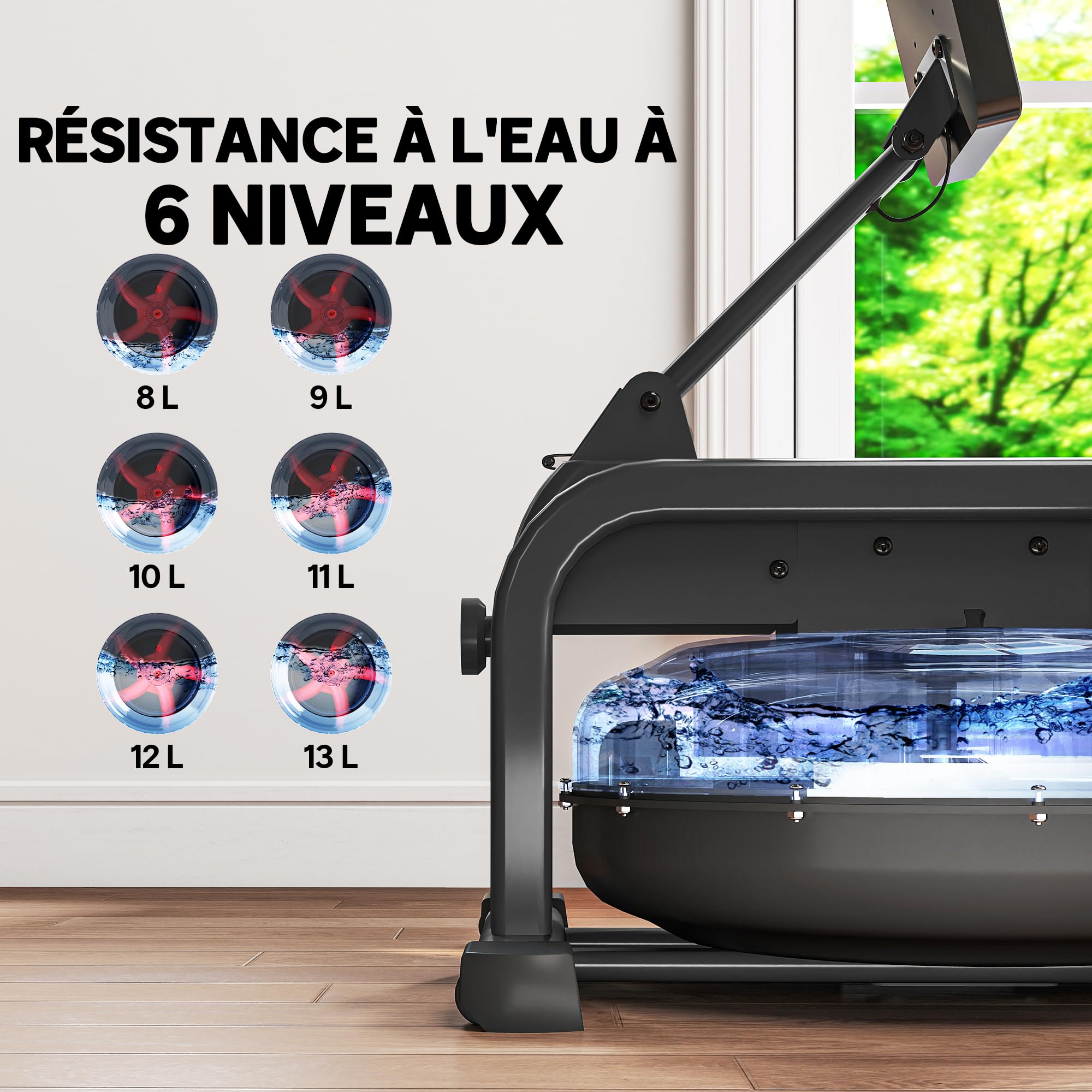 SPORTNOW Rameur à Eau pour Musculation d'appartement, 6 Niveaux de résistance, écran LCD avec Support Tablette, Rangement Vertical à roulettes, Charge Max 135 kg, Acier