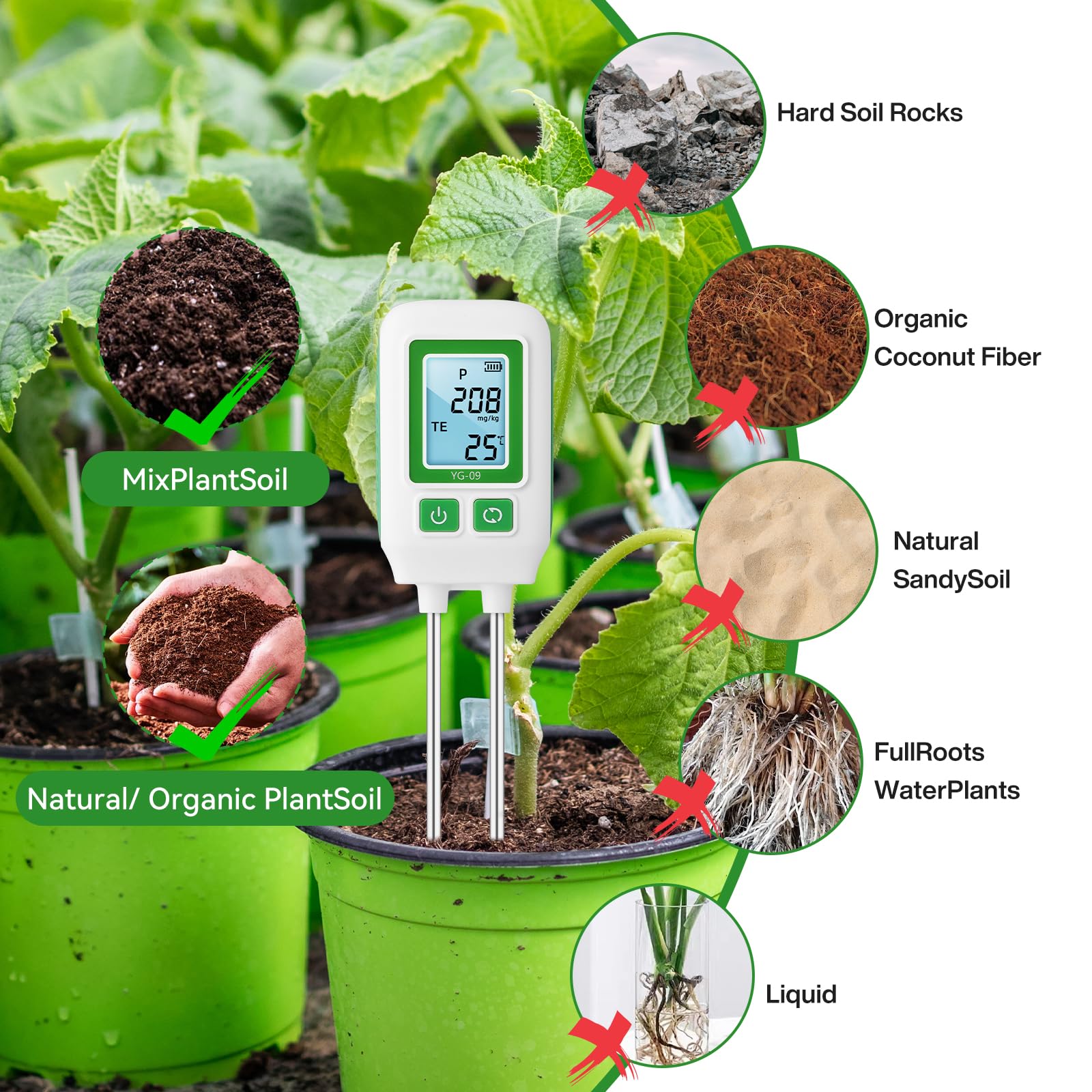 Misuratore di Suolo 4 in 1 per NPK e Temperatura, Sonda da 268mm Tester Digitale di Fertilità per Giardinaggio Domestico Piante e Orto