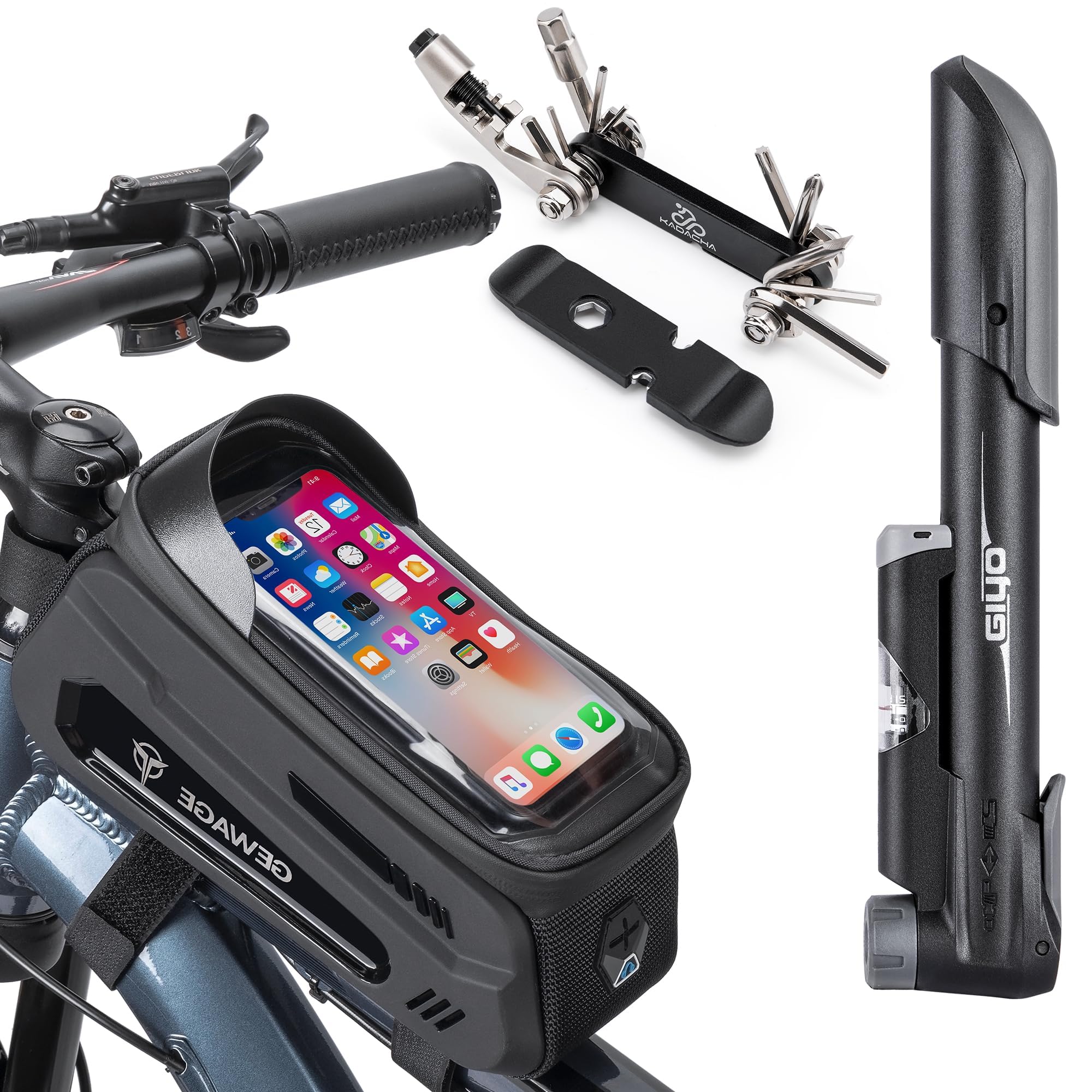 GEWAGE Kit de Herramientas Bici, Bolsa Cuadro, Bomba y Multitool 15 en 1