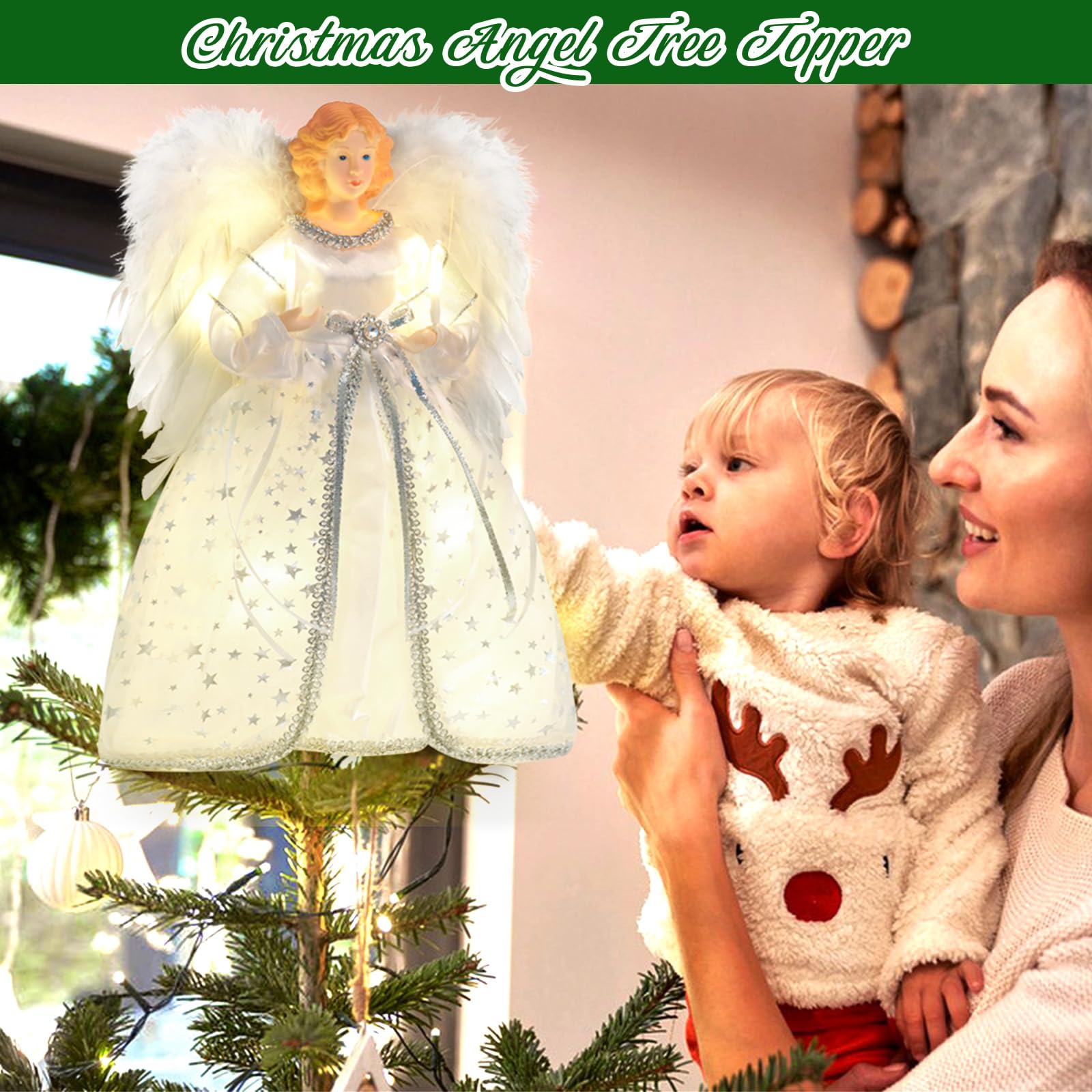 Cimier de sapin de Noël en forme d'ange avec lumières et rallonge de 101,6 cm, décorations de Noël éclairées, élégantes et durables, parfaites pour la décoration de la maison de vacances et les