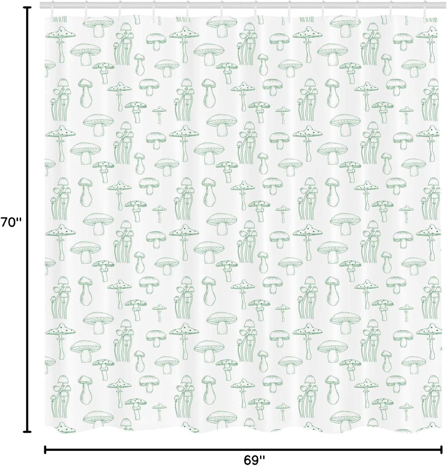 Ambesonne Mushroom Shower Curtain, Monochrome Digital Pencil Drawing Magic Garden Produce Sketch Illustration Print, Cloth Fabric Bathroom Decor Set with Hooks, 69" W x 70" L, Jade Green