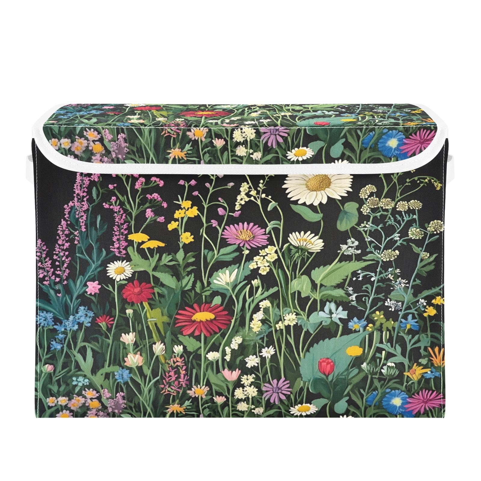 Ewusp Wildflowers Fabric Storage Bin with Lid, Decorative Foldable Storage Basket with Handles, Stackable Closet Shelf Organiser Box for Clothes, Books, Bedroom, Living Room