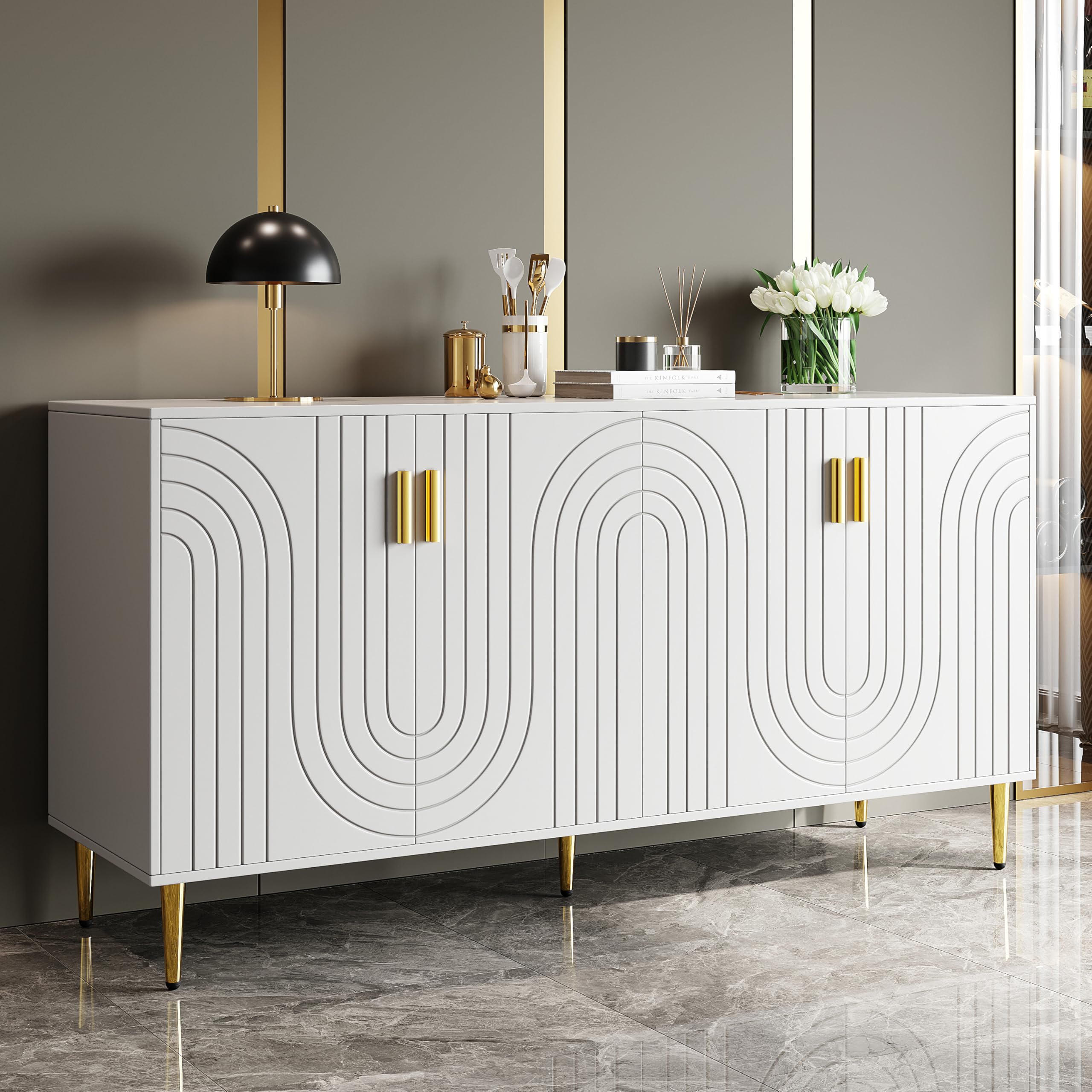 FammyLoft Sideboard with 4 Doors for Living Room, Wooden Storage Cabinet, Golden Handles and Feets, White Storage Units with Wave Design for Living Room, Entryway, Hallway, 152 x 40 x 75cm, White — image 1