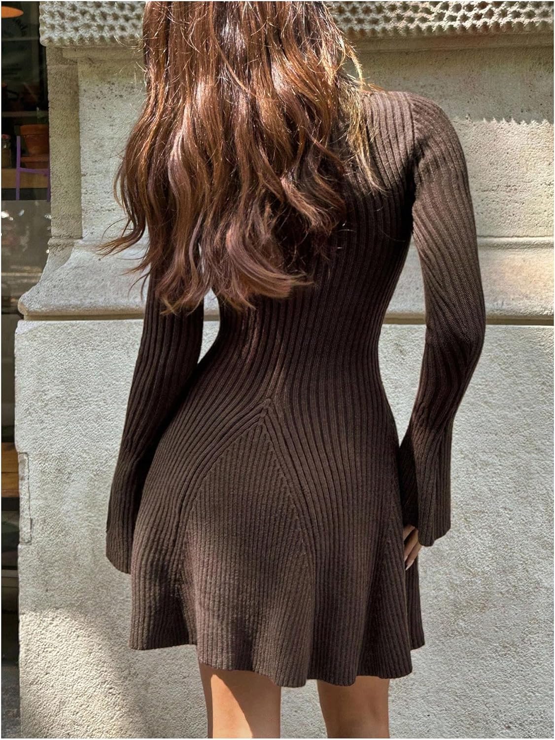 MakeMeChic Women's Bell Sleeve Sweater Dress Mock Neck A Line Knit Mini Dresses - Image 2