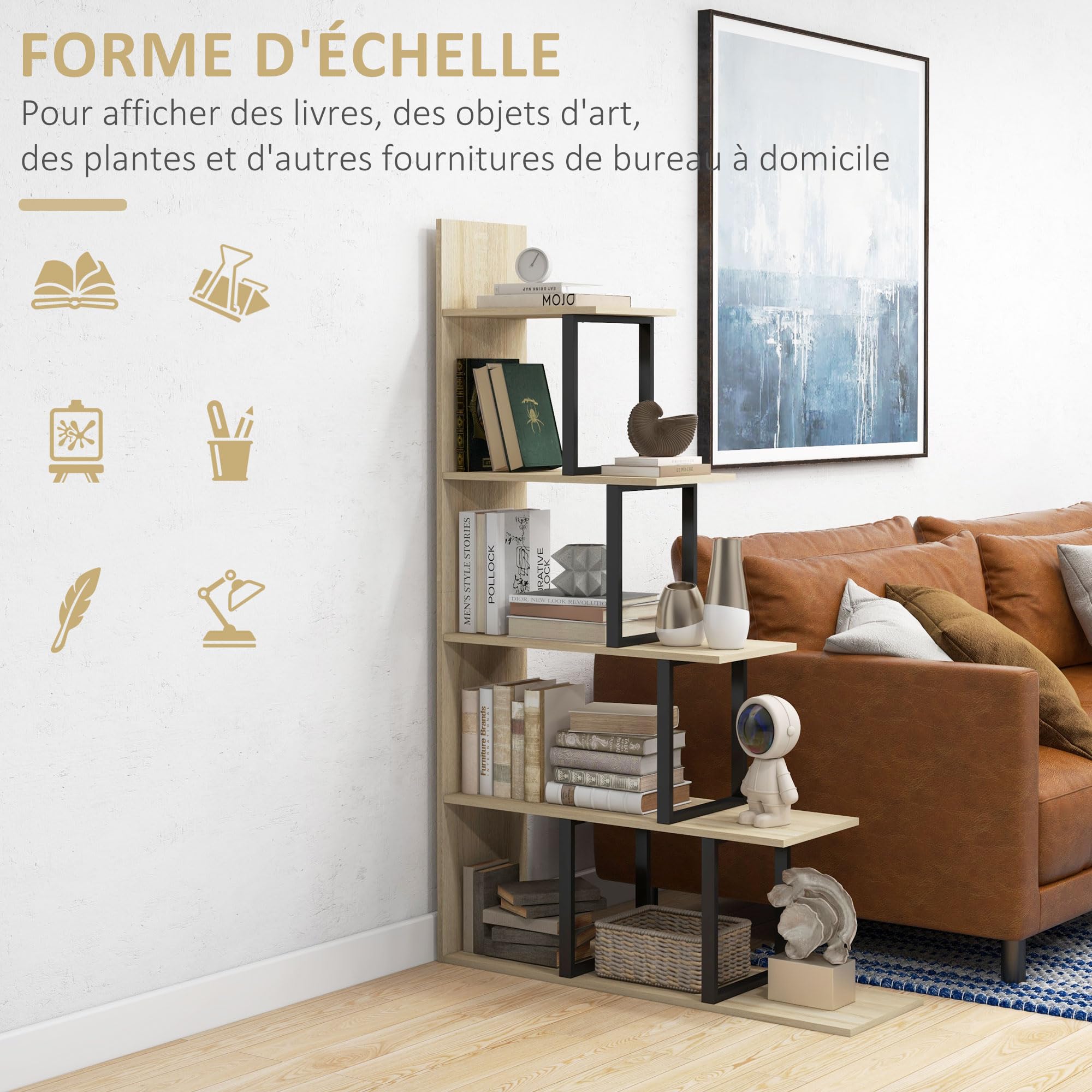 HOMCOM Étagère bibliothèque séparateur de pièce Style Industriel en escalier 5 étagères 102 x 30 x 160 cm, chêne