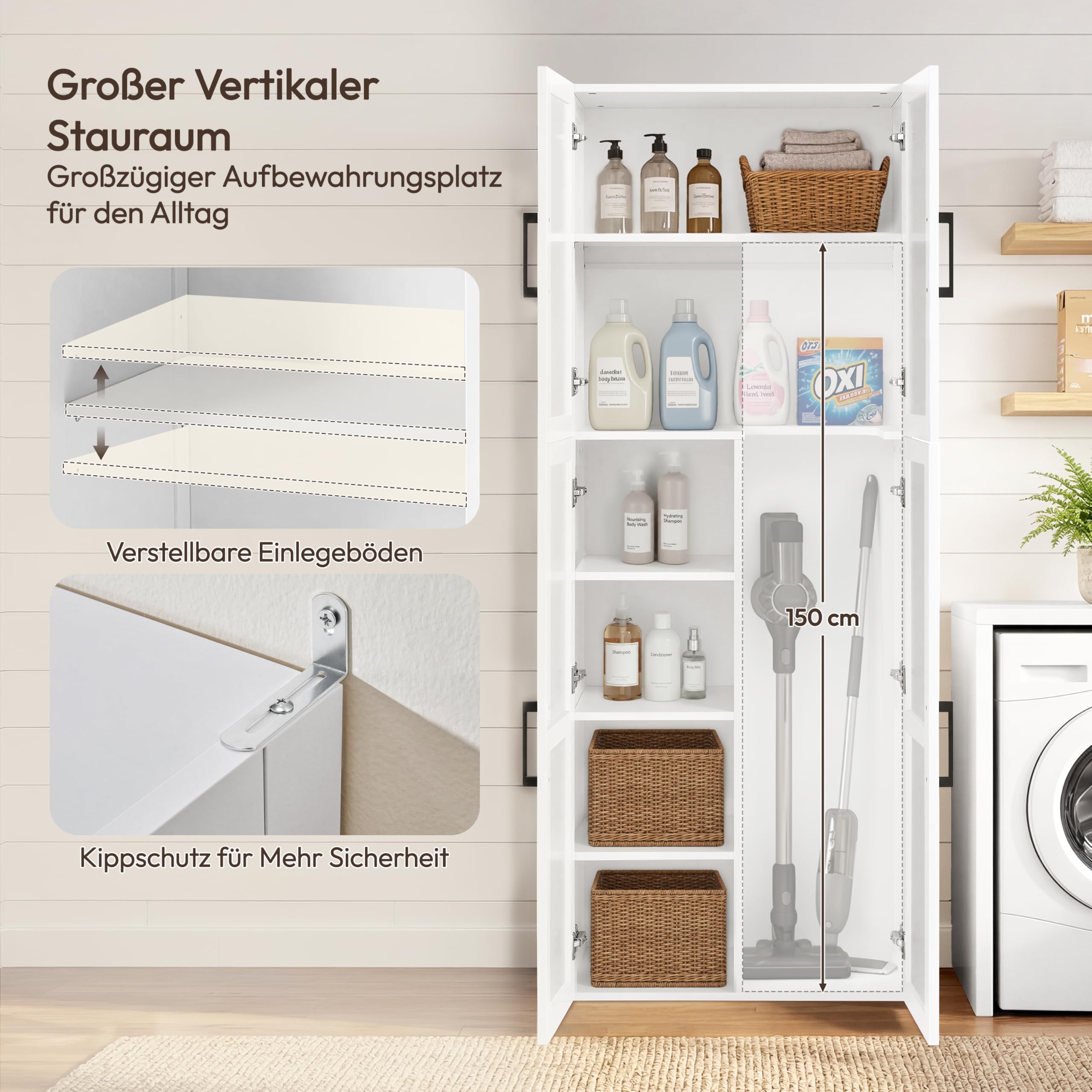 Yaheetech 175,5 cm H Besenschrank, Mehrzweckschrank mit 4 Türen, 37,5 cm Vertiefung Vorratsschrank, Schlanker Aufbewahrungsschrank mit Staubsaugerfach, Weiß