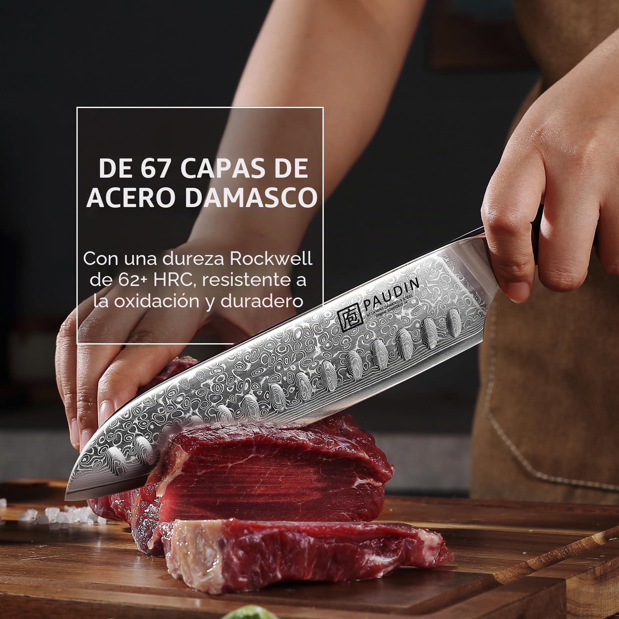 PAUDIN Cuchillo Santoku Damasco 17 cm, cuchillo de cocinero ultra afilado de 67 capas de acero Damasco con alma japonesa VG10, cuchillo de cocina profesional con mango ergonómico G10