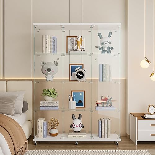 Miniatura 9 de Vitrina de cristal, 4 estantes, vitrina de cristal Curio con 1 puerta, estantería de vidrio de pie para sala de estar, dormitorio, oficina en casa,