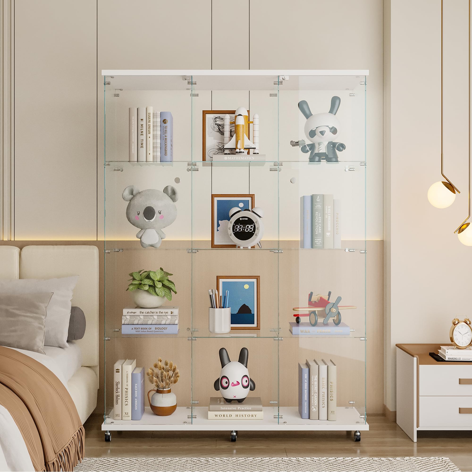 HolakiExtra Large Glass Display Cabinet 4 Shelves with Two-Door, Floor Standing Curio Bookshelf for Living Room Bedroom Office, 66.14"(H)*47.64"*14.57" (White 4 Shelves Extra Large,)