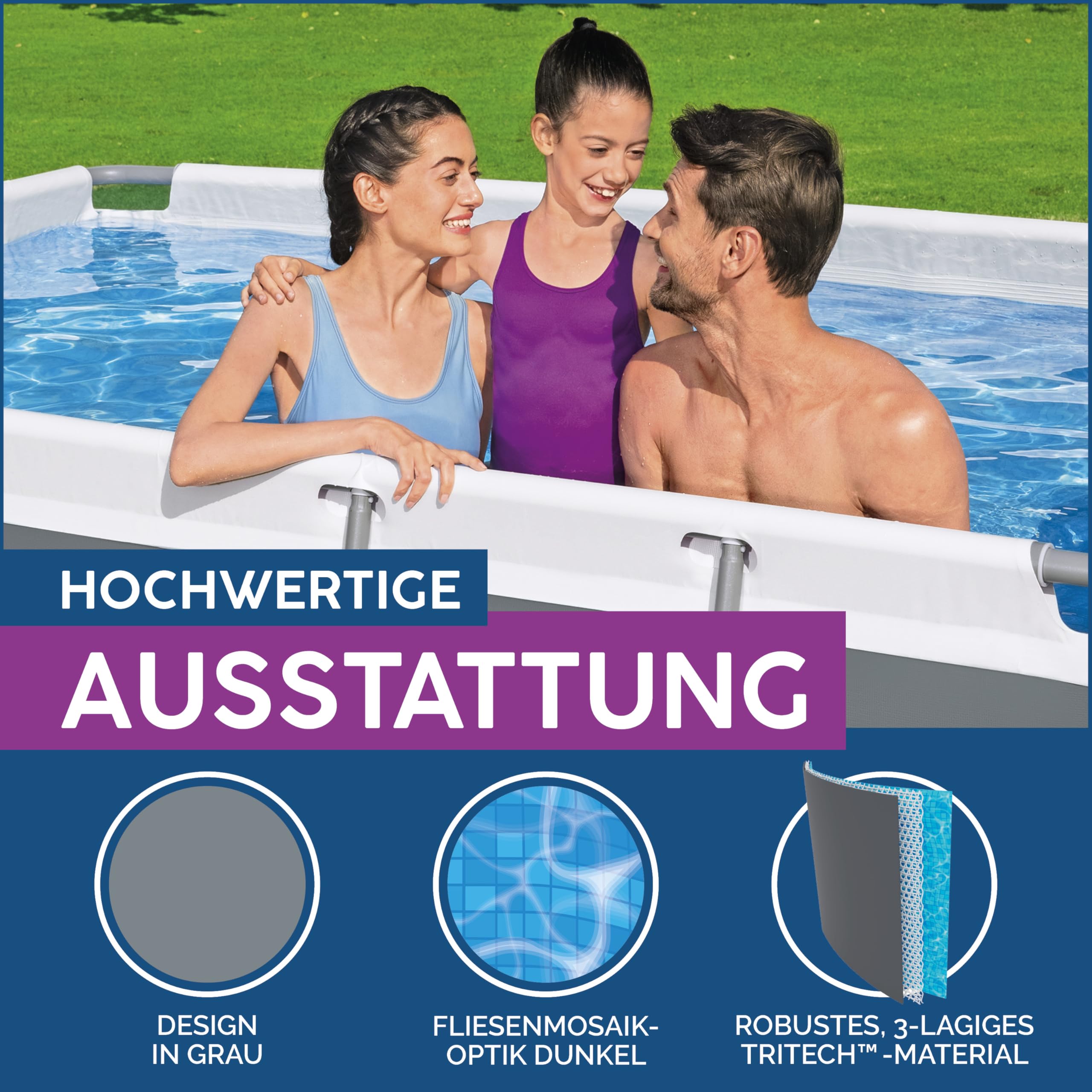 Bestway Power Steel Frame Pool Set mit Filterpumpe 282 x 196 x 84 cm, grau, eckig