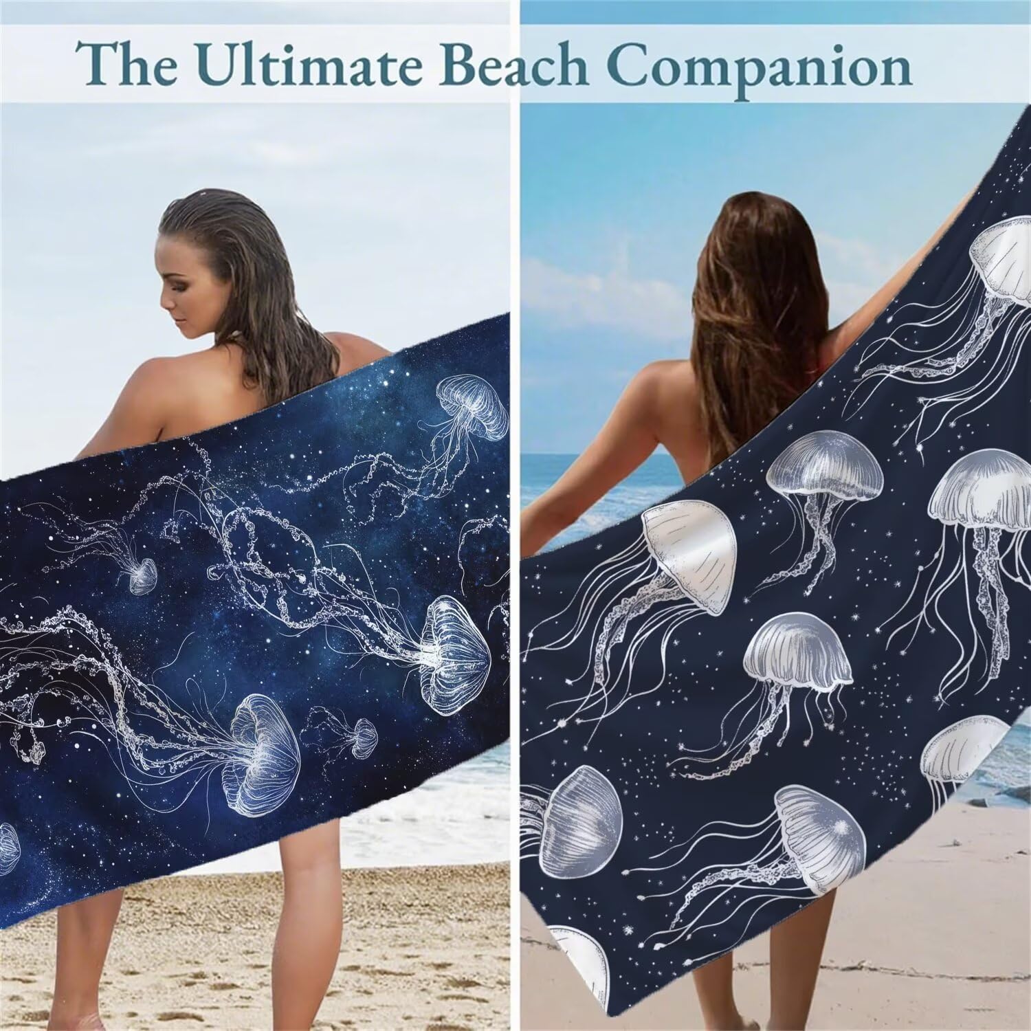 Serviette de Plage 90x200cm, Bleu Serviette Microfibre Lot de 2 Méduse Motif Ultra Absorbantes Séchage Rapide Anti Sable Légère Drap de Plage avec Bouton Pression Design pour Piscine Voyages, Model581