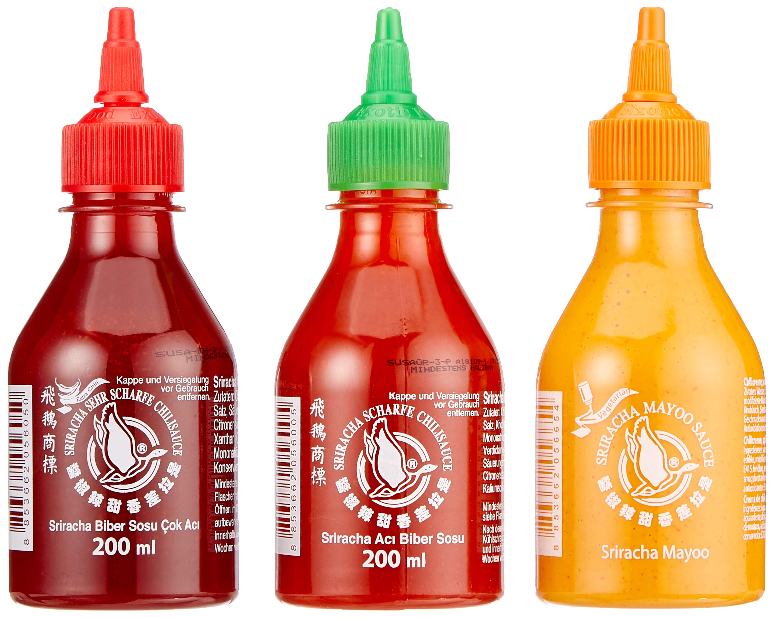 FLYING GOOSE Sriracha scharfe Chilisaucen Mischkarton (in 3 Geschmacksrichtungen, Würzsauce aus Thailand) 12er Pack à 200 ml (5 x scharf , 4 x sehr scharf , 3x Mayoo)