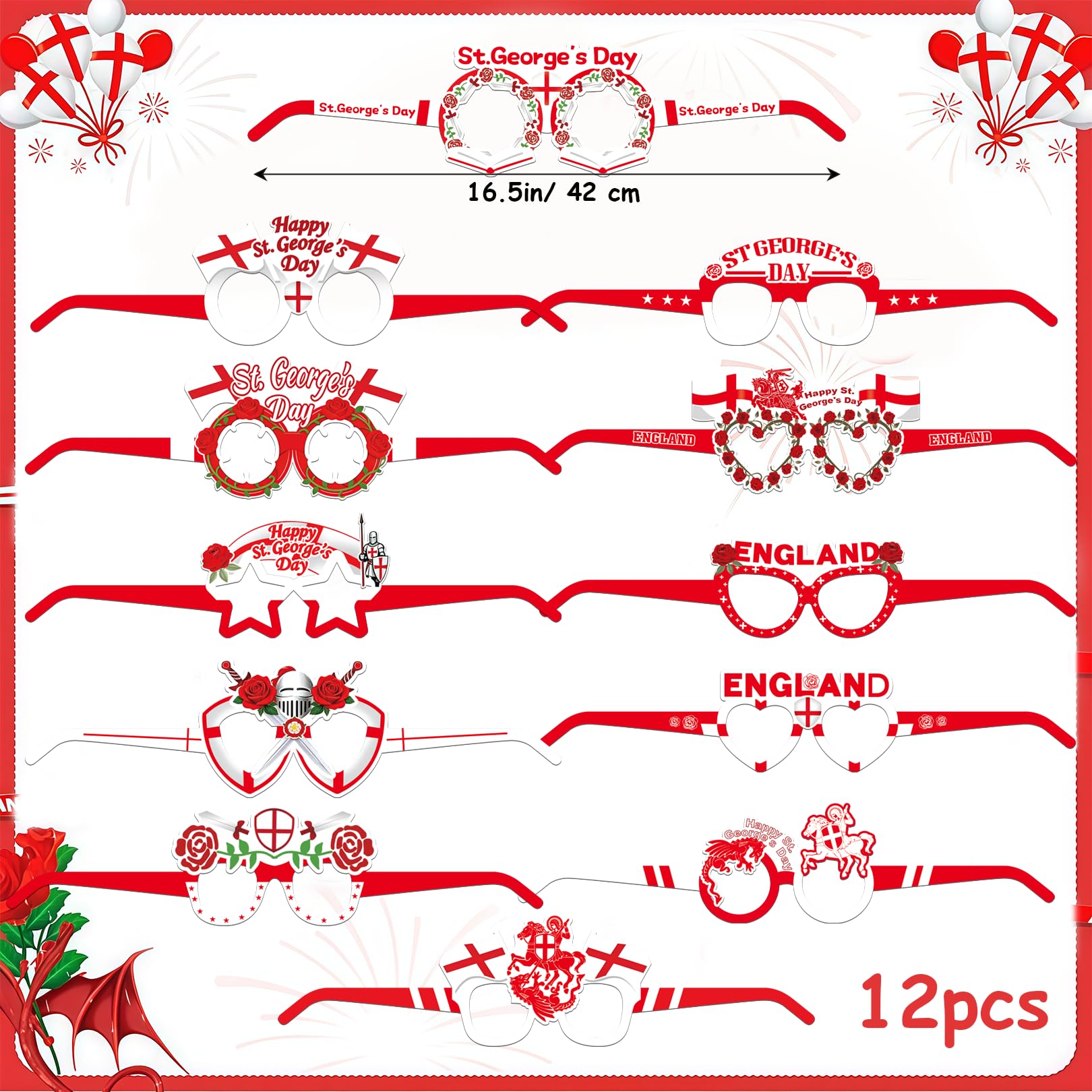 12PCS St Georges Day Glasses, England St George’s Day Party Accessories, Red White Paper Eyeglasses Eye Masks - Image 2
