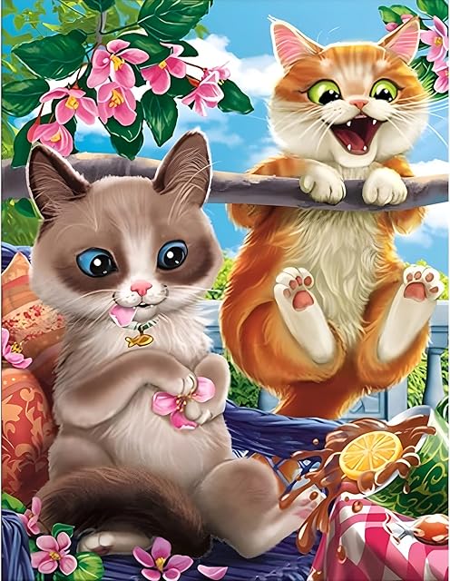 AIRDEA 5D Cats Diamond Painting Kits for Adults Kids, DIY Kitten Diamond Painting Kits, Round Full Drill Cat Diamond Art Kits Animals Gem Art Painting Flowers Arts Home Wall Decor 11.8x15.7 inch
