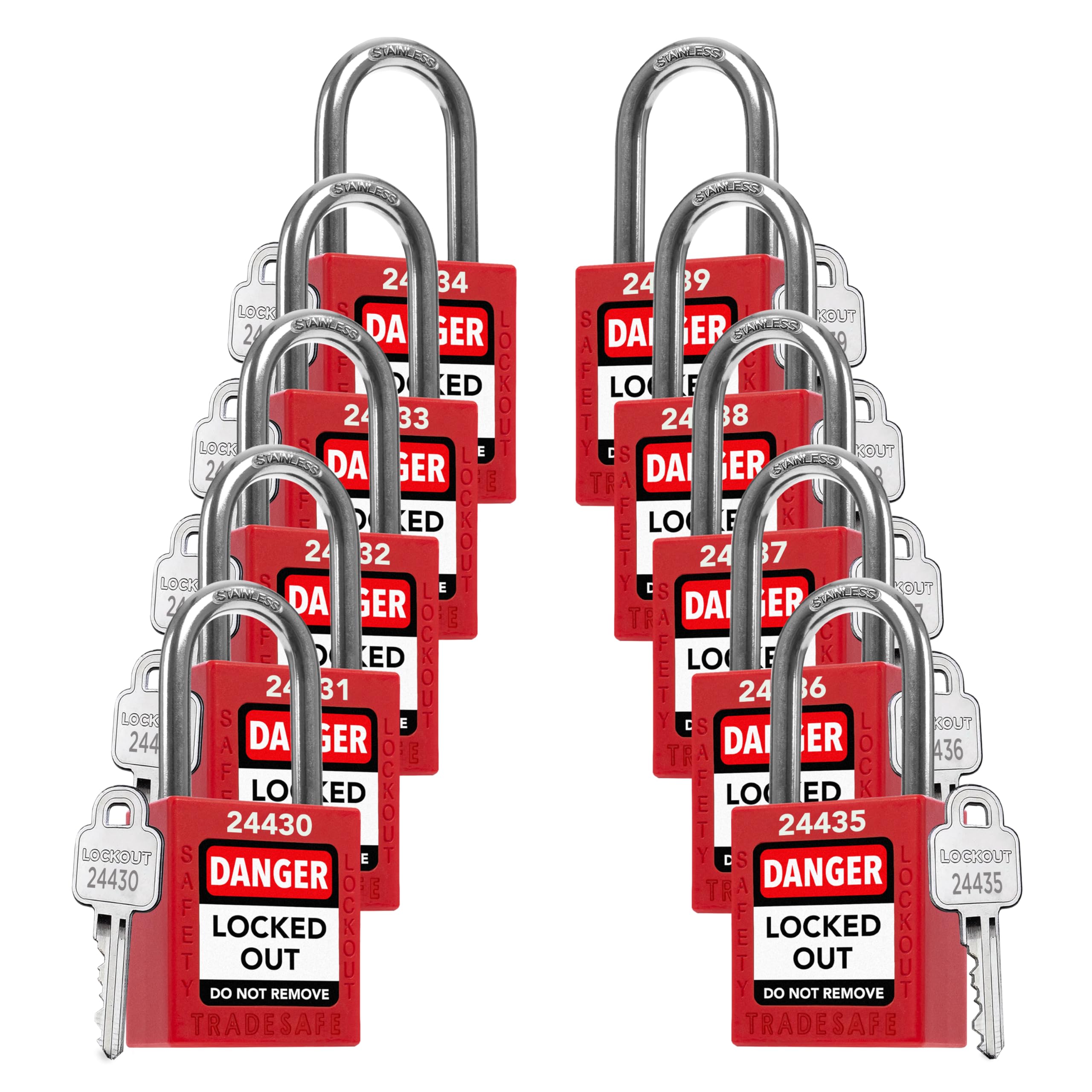 TRADESAFE Lockout Tagout Locks Set - 10 Red Loto Locks, Lockout Locks Keyed Different, 1 Key Per Lock, OSHA Compliant Lock Out Tag Out Padlocks, Safety Padlocks for Electrical Lockout Tag Out Kits