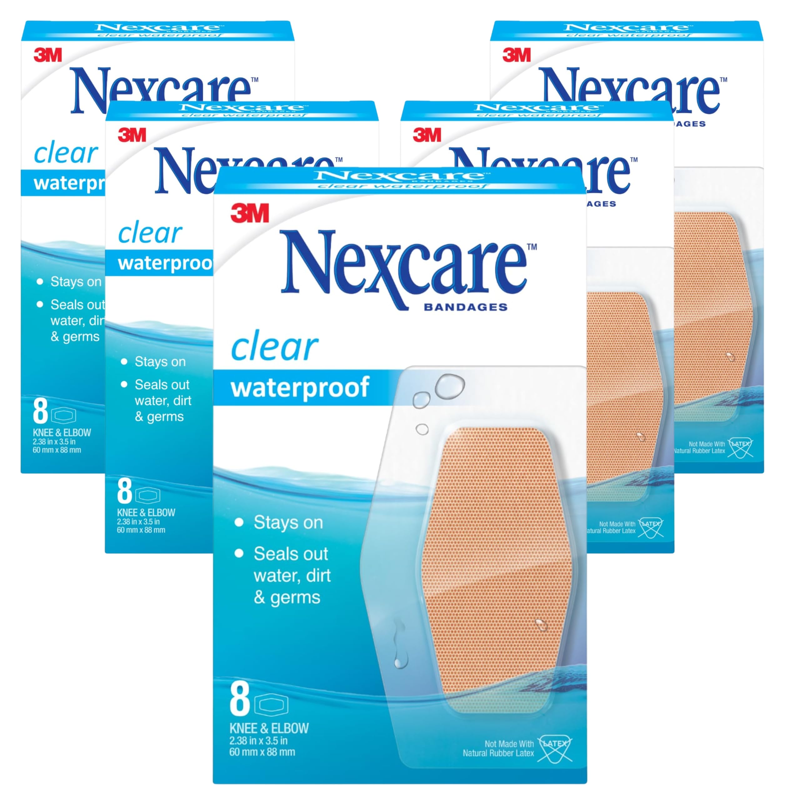 Nexcare Waterproof Clear Bandages for Knee & Elbow, Large (2.38 in x 3.5 in), 8 Count (Pack of 5, 40 Total)