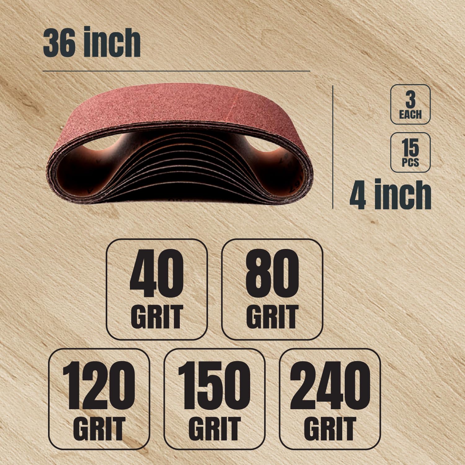 POWERTEC 11011-6 - Juego de bandas de lijado y barras de limpieza abrasivas de 4 x 36 pulgadas | Surtido de bandas de lijado de óxido de aluminio, paquete de 15, 3 de cada uno de 40, 80, 120, 150, 240