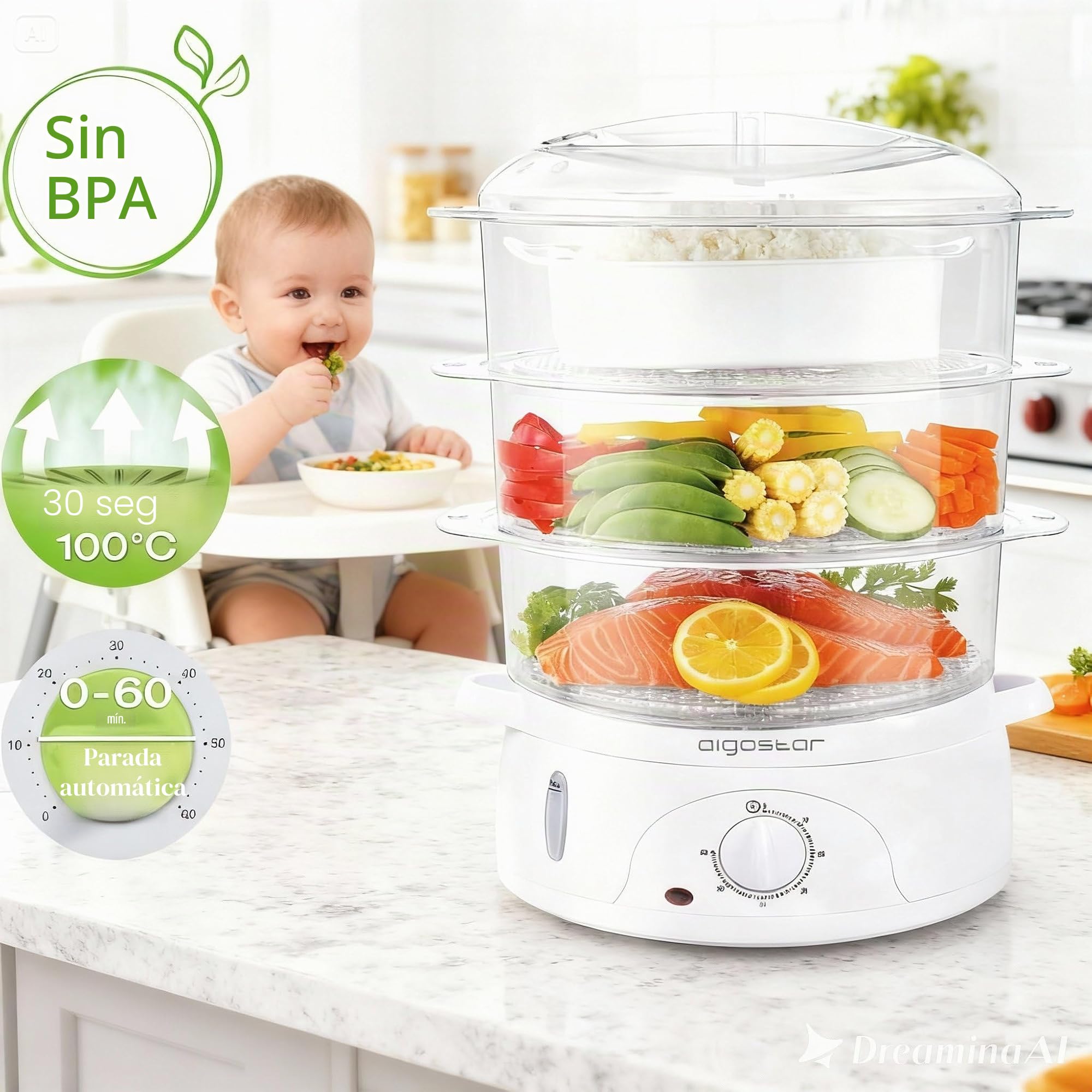 Aigostar Fitfoodie 30CFO - Vaporera Eléctrica 9L Capacidad, 800 W, Libre de BPA, Temporizador hasta 60 Minutos. 3 Recipientes Apilables, Cuenco para Preparar arroz. Diseño Exclusivo