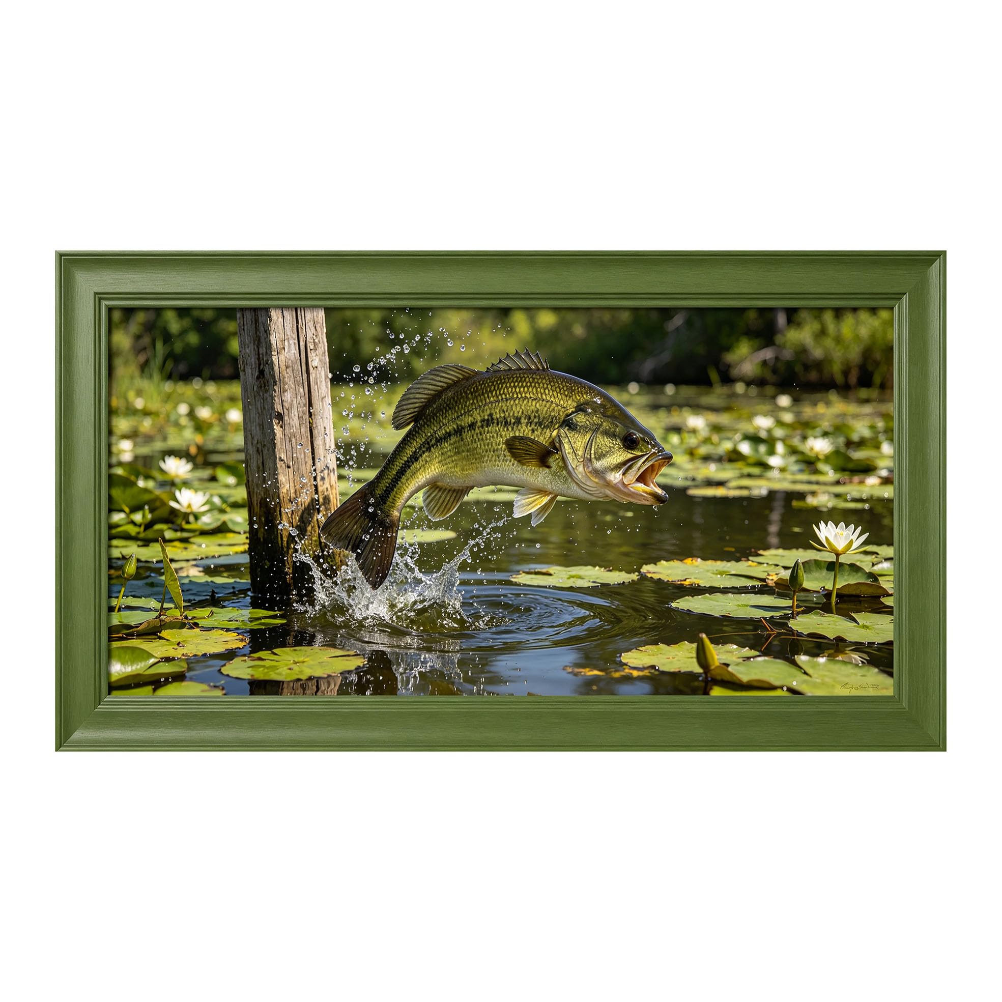 Yzpallescene 3D Framed Wall Art 50cm×100cm Jumping Bass Fish Pond Lake Realistic Wildlife Large Size SelfAdhesive Removable Wall Decor Prints Artwork for Living Room Bedroom Office