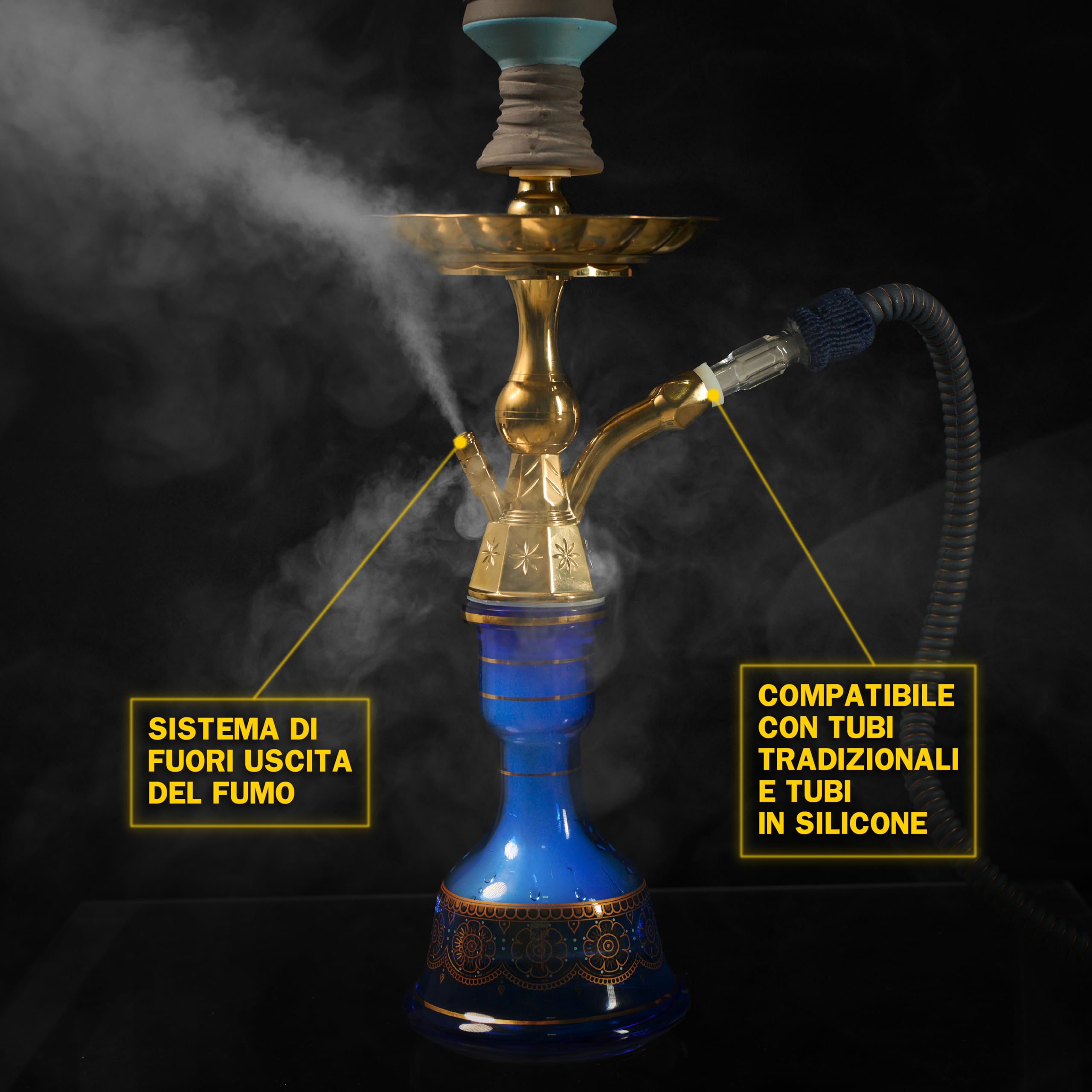 Dark Shisha Cachimba Luna Azul 44,5 cm + 50 Boquillas Higiénicas | Set Completo con Manguera Tradicional, Cazoleta de Piedra, Chimenea, Pinza y Juntas