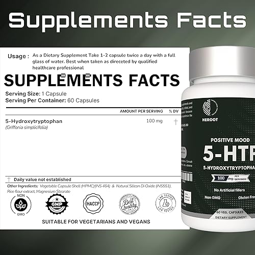 Miniatura 6 de 5-HTP 200 mg, 60 cápsulas vegetarianas (5-hidroxitriptófano) Vitaminas de apoyo del estado de ánimo sin OMG y sin gluten para mujeres y hombres