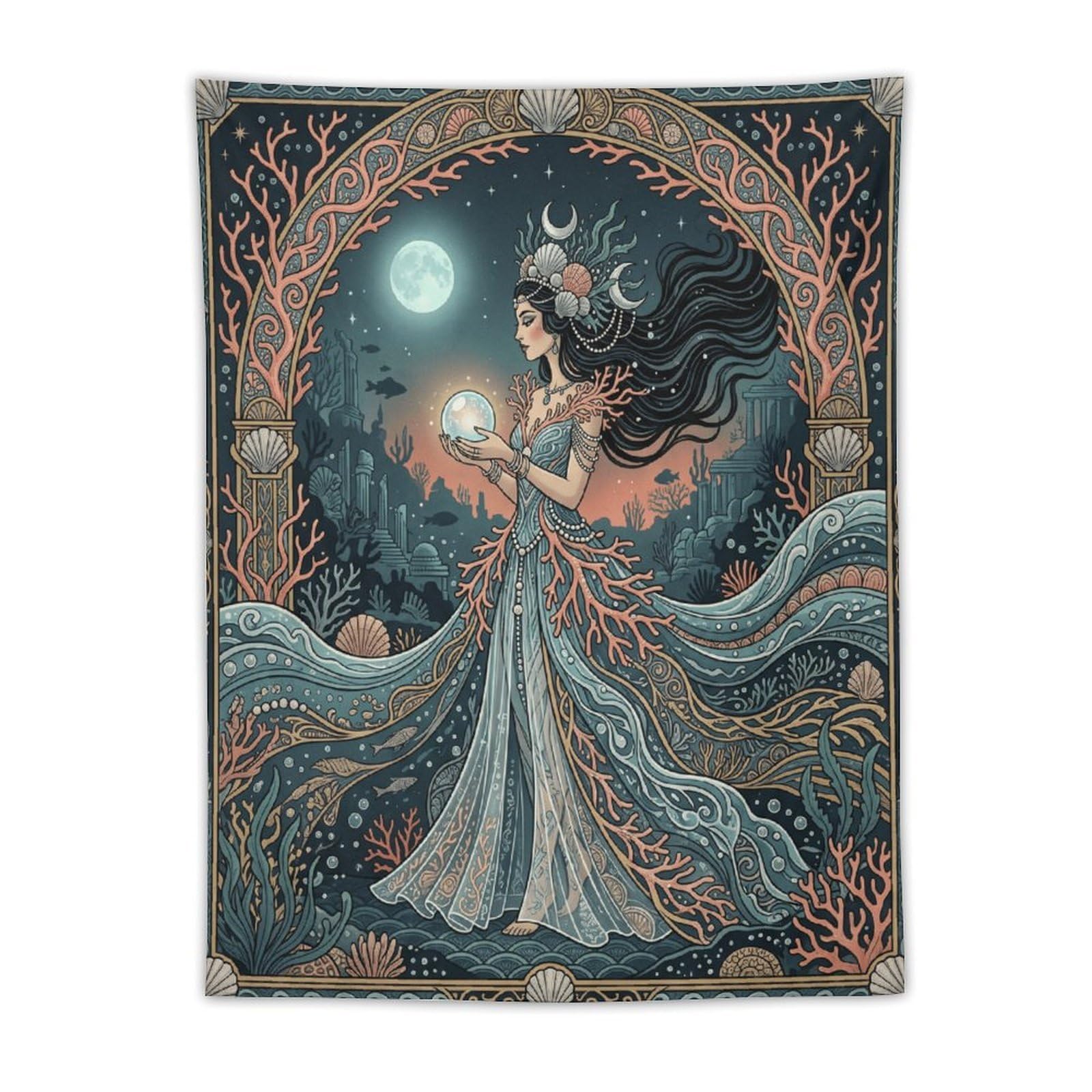 W7C8U2X3 Art Nouveau Ocean Woman Wall Tapestry, Symbolist Art, Dorm Room