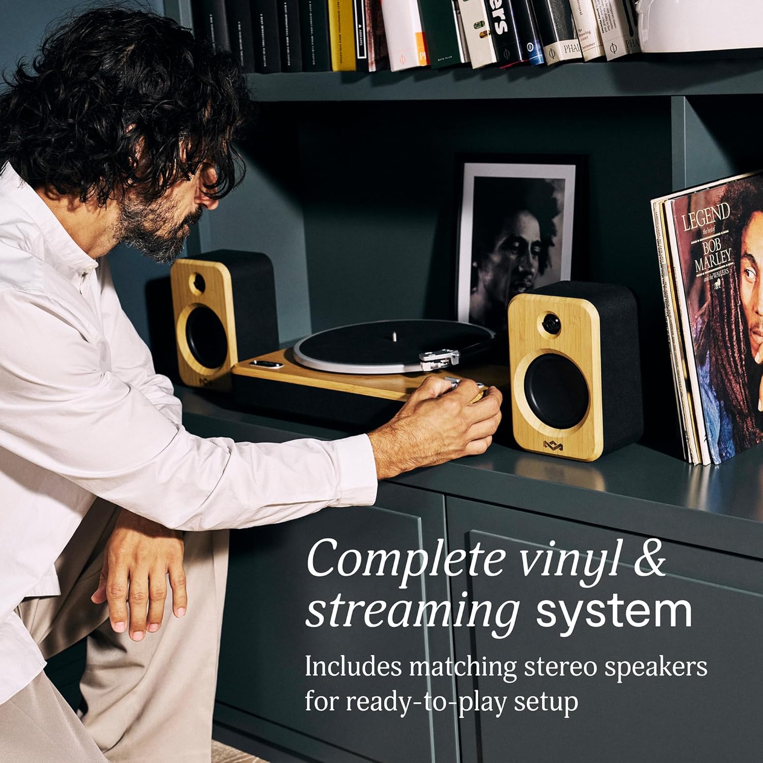 House of Marley Stir It Up Wireless 2 Turntable with Speakers - Sustainably Made Bluetooth Record Player & 10W Bookshelf Speakers, Easy Set Up Vinyl Player with an Audio Technica Cartridge, Bamboo