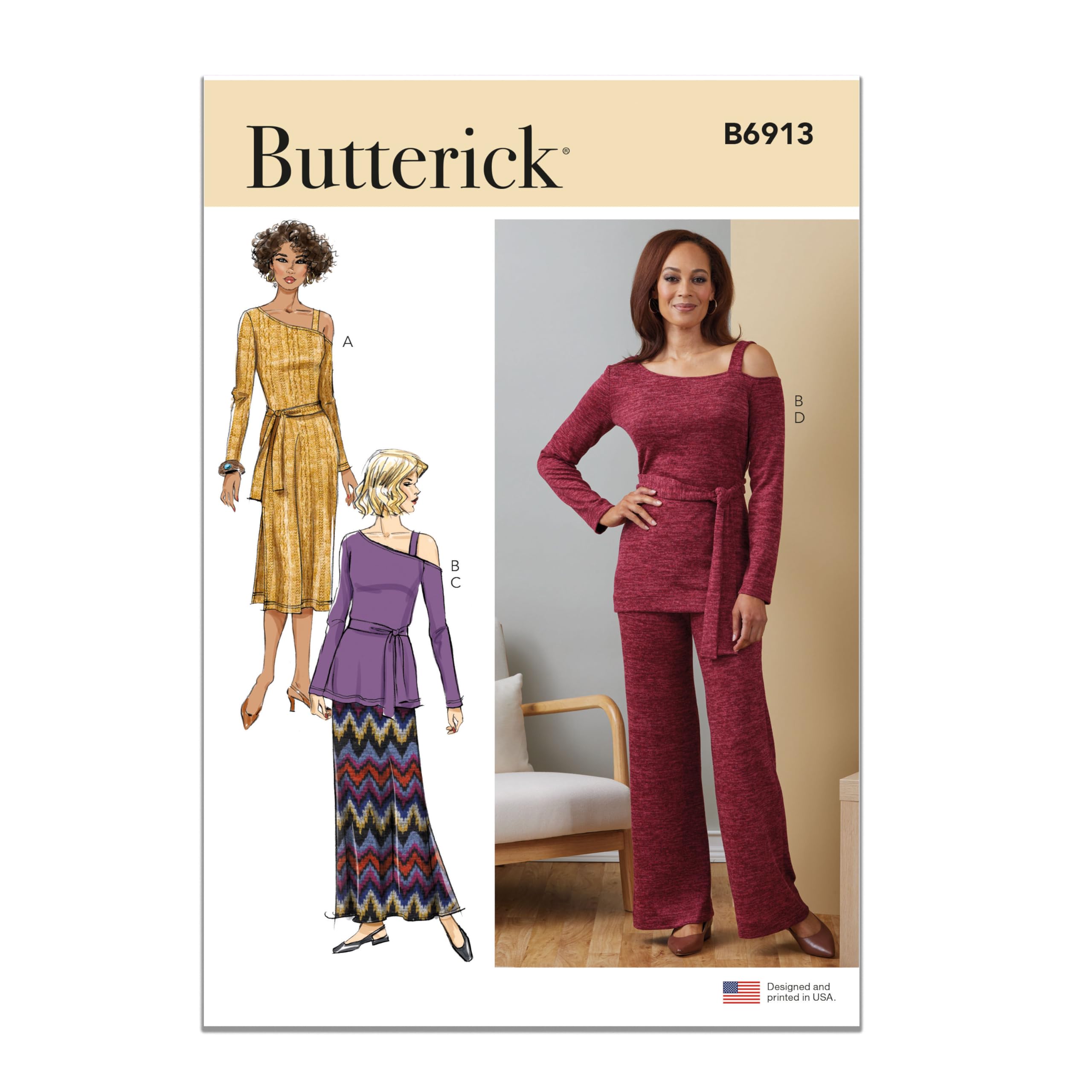 Butterick B6913A Misses' Knit Dress, Top, Skirt and Trousers A (S-M-L-XL-XXL)