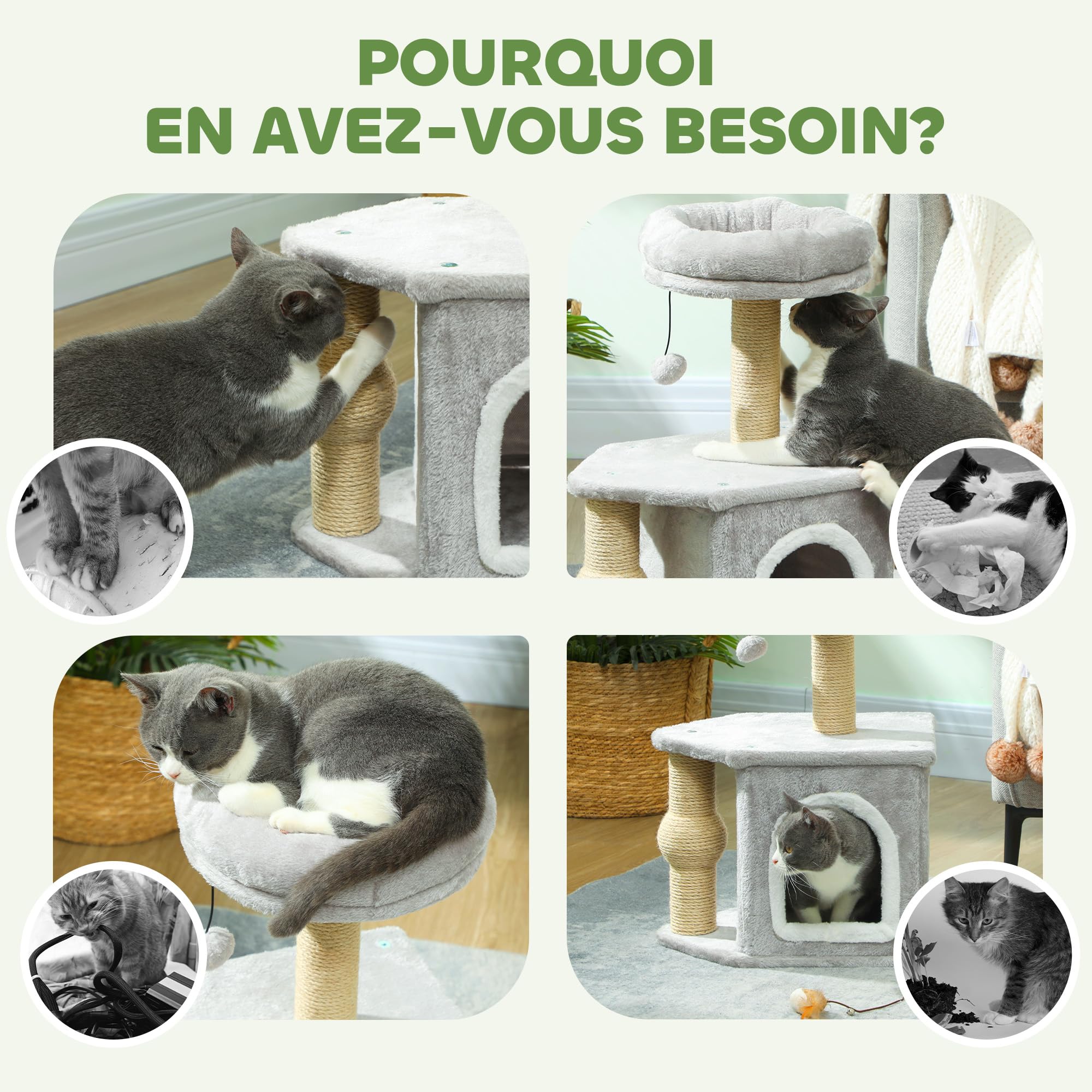 PawHut Arbre à Chat, Tour de Jeux pour Chats, Hauteur de 66 cm, avec poteaux à griffer en Jute, lit Maison pour Chat, Plateforme, Balle de Jeu, Gris Clair