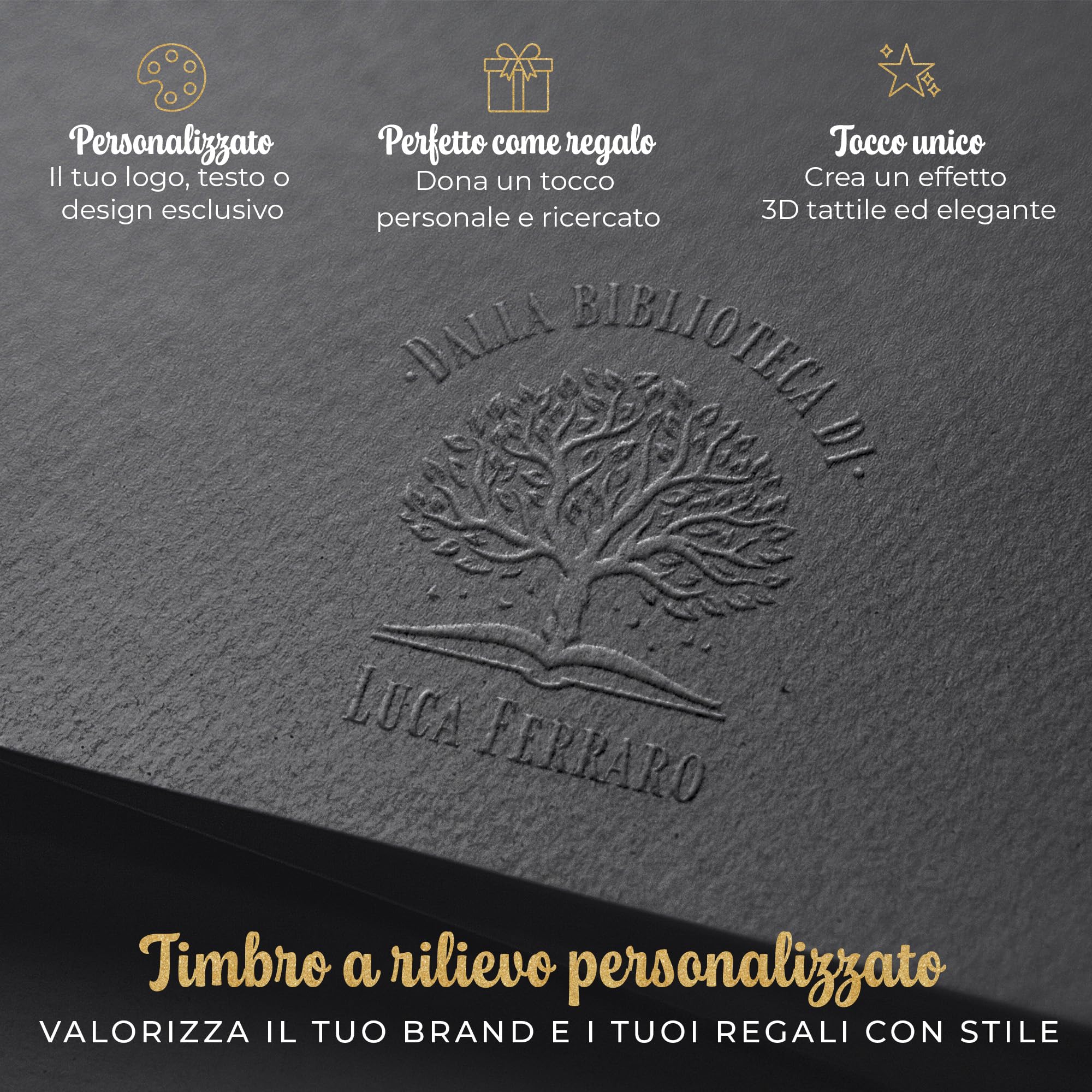 Embosser per libri personalizzato – Timbro Ex Libris a secco 41 mm con rilievo 3D – senza inchiostro, con custodia – idea regalo elegante (Libri Signum)