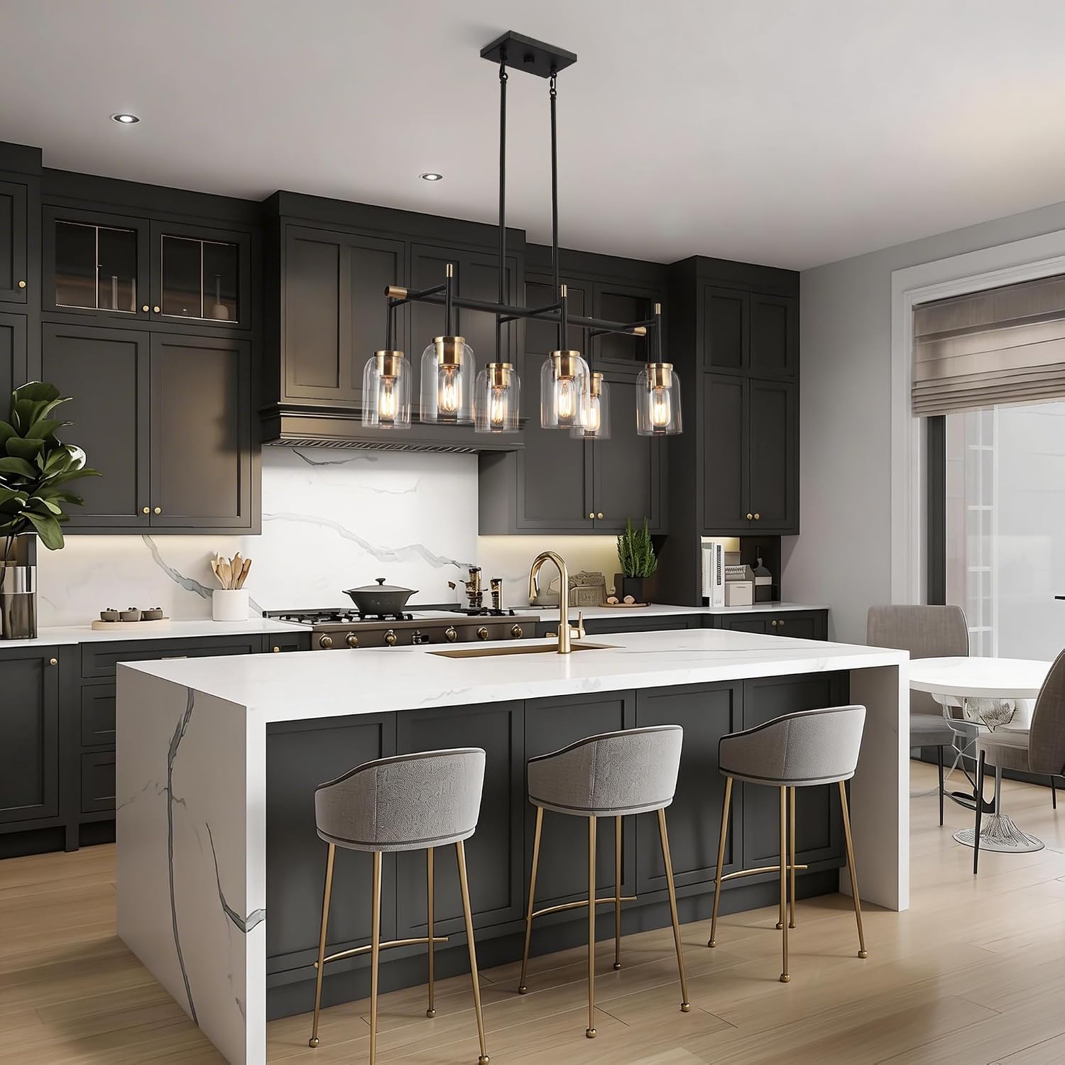 KSANA 27.5" 6-Light Linear Kitchen Island Chandelier, Black and Gold Dining Room Light Fixture with Electroplated Brass Finish and Clear Glass Shades