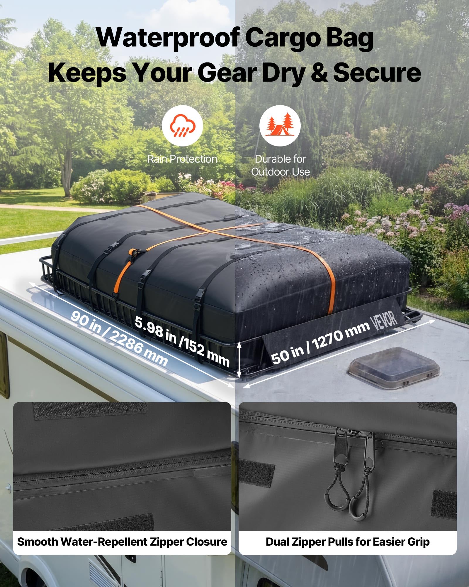 VEVOR Dachkorb Auto 2286 x 1720 x 152 mm Dachträgerkorb (Q195-Legierungsstahl) mit Wasserdichter Tasche (Oxford) und Ratschengurten 113,4 kg Tragkraft Dachgepäckträger für SUV LKW Pkw Autodachkorb