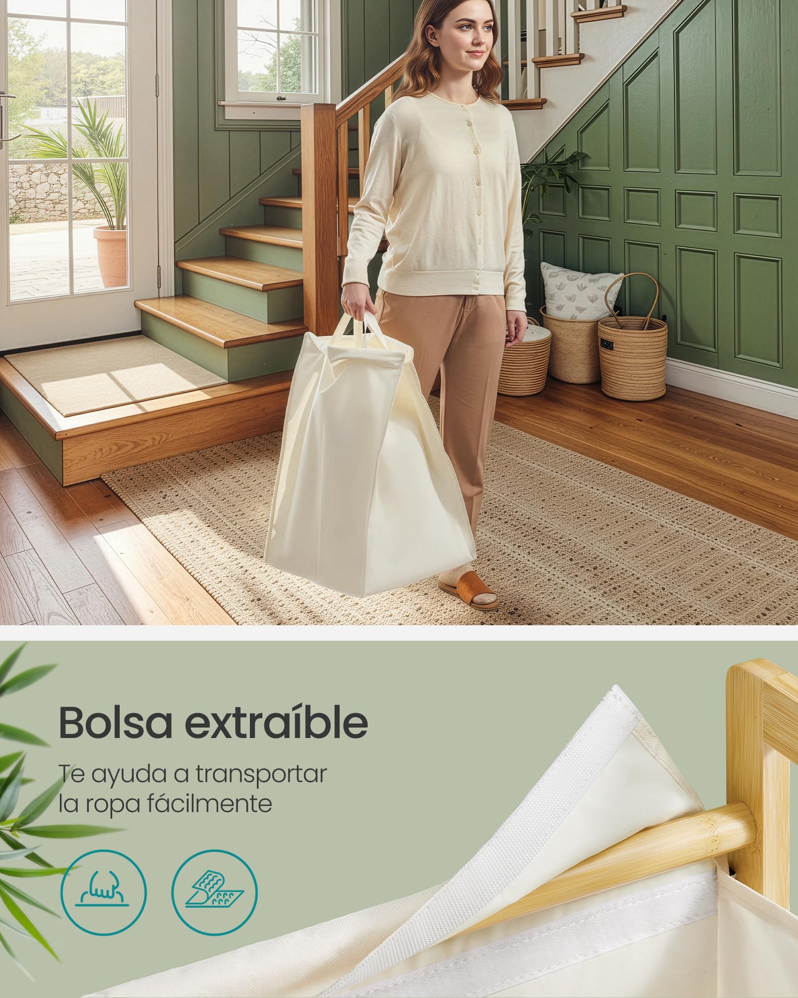 SONGMICS Cesto para Ropa Sucia de 2 Compartimentos, Marco de Bambú, Tapa Reforzada y Extraíble, Bolsa Interior Desmontable, 100 L, Blanco Crema RLH102WD01