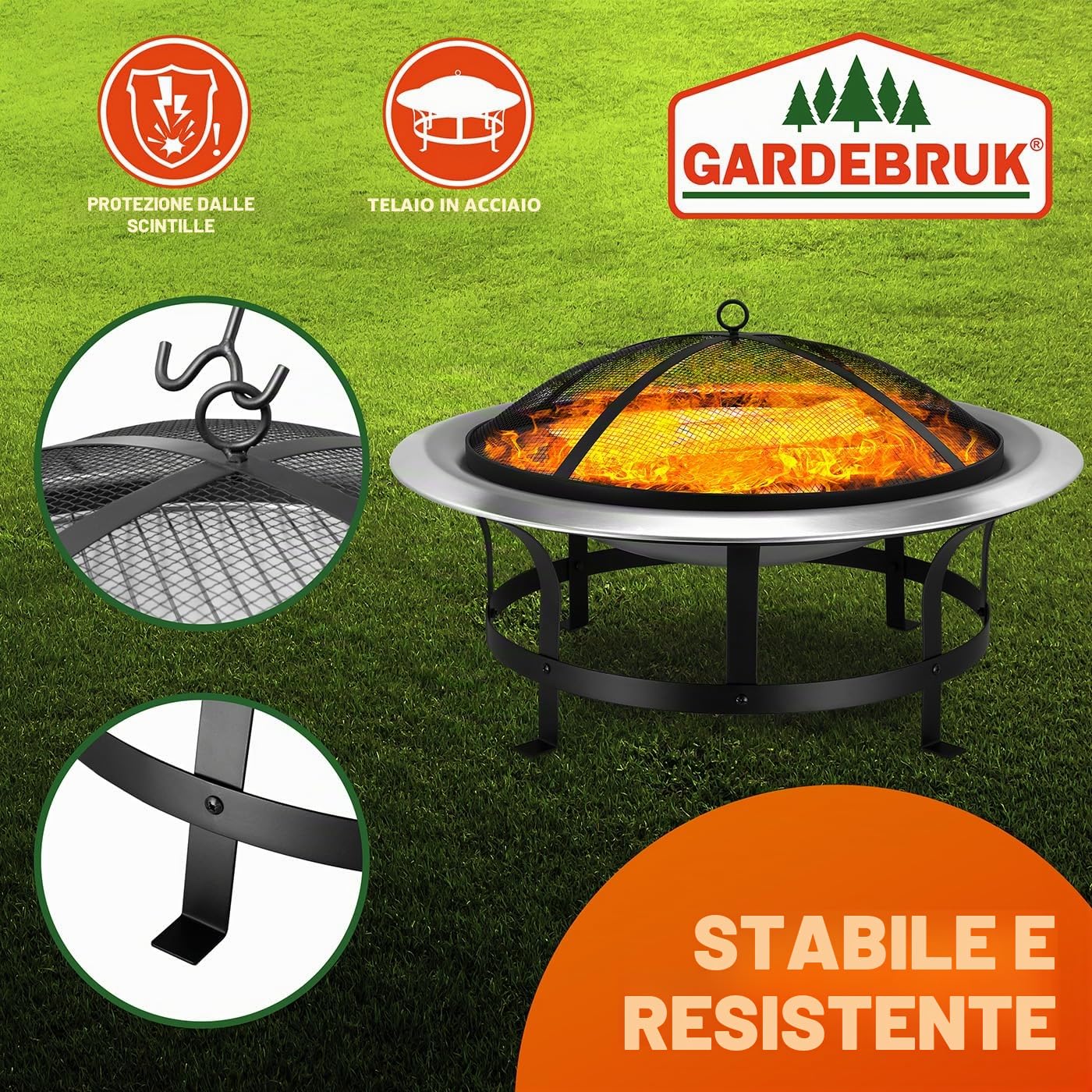 Gardebruk Braciere da Esterno Acciaio Inox Ø 75cm Ciotola da Fuoco Parascintille Attizzatoio Bracieri
