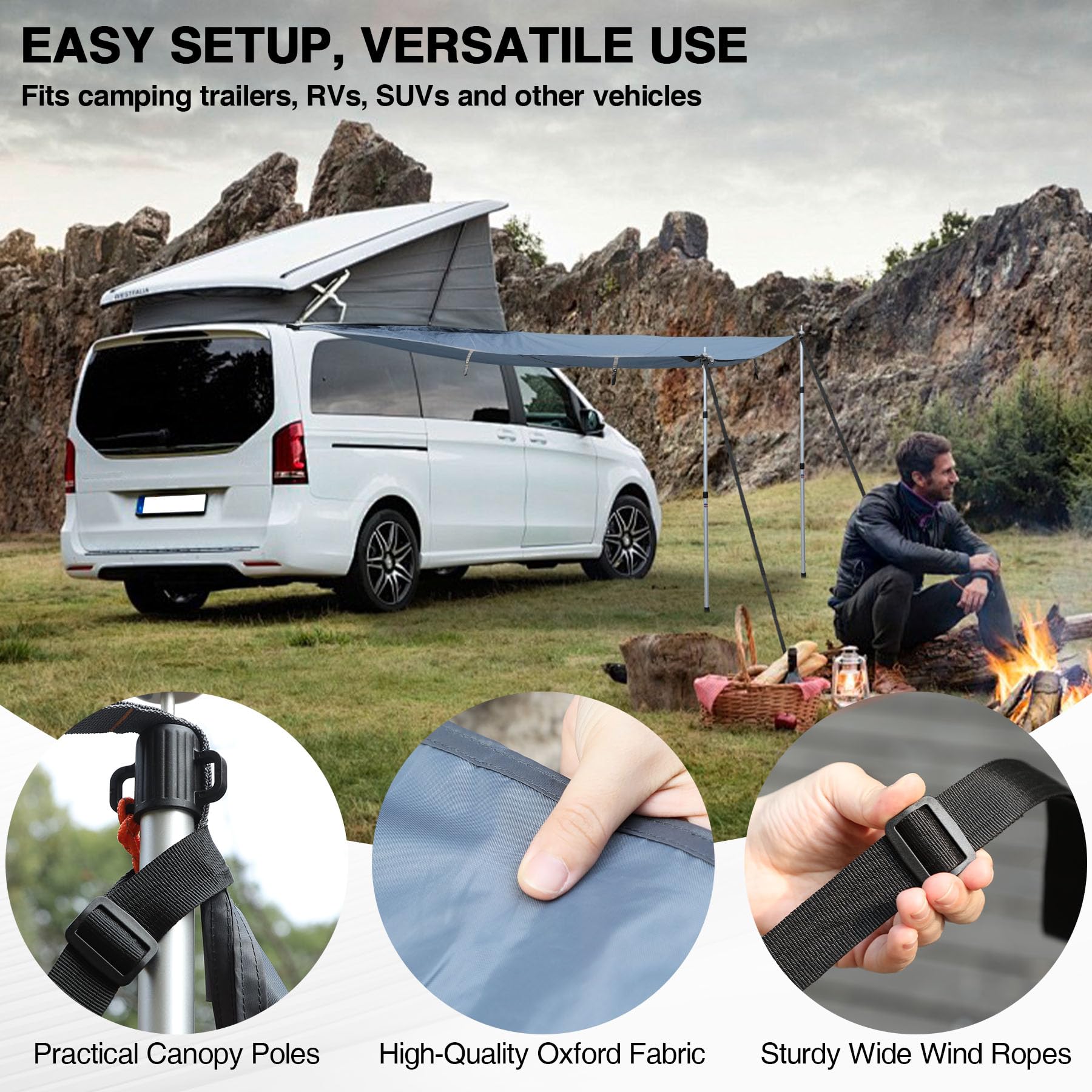 REDCAMP Sonnensegel Auto, Markise für Kleiner Wohnwagen, 2,5 x 2,4 m | 2 Keder (6/8mm), 2 Saugnäpfe, 3 Zeltstangen, 5 Windseile, wasserdicht, UV-Schutz, Vorzelt für SUV Van Camping