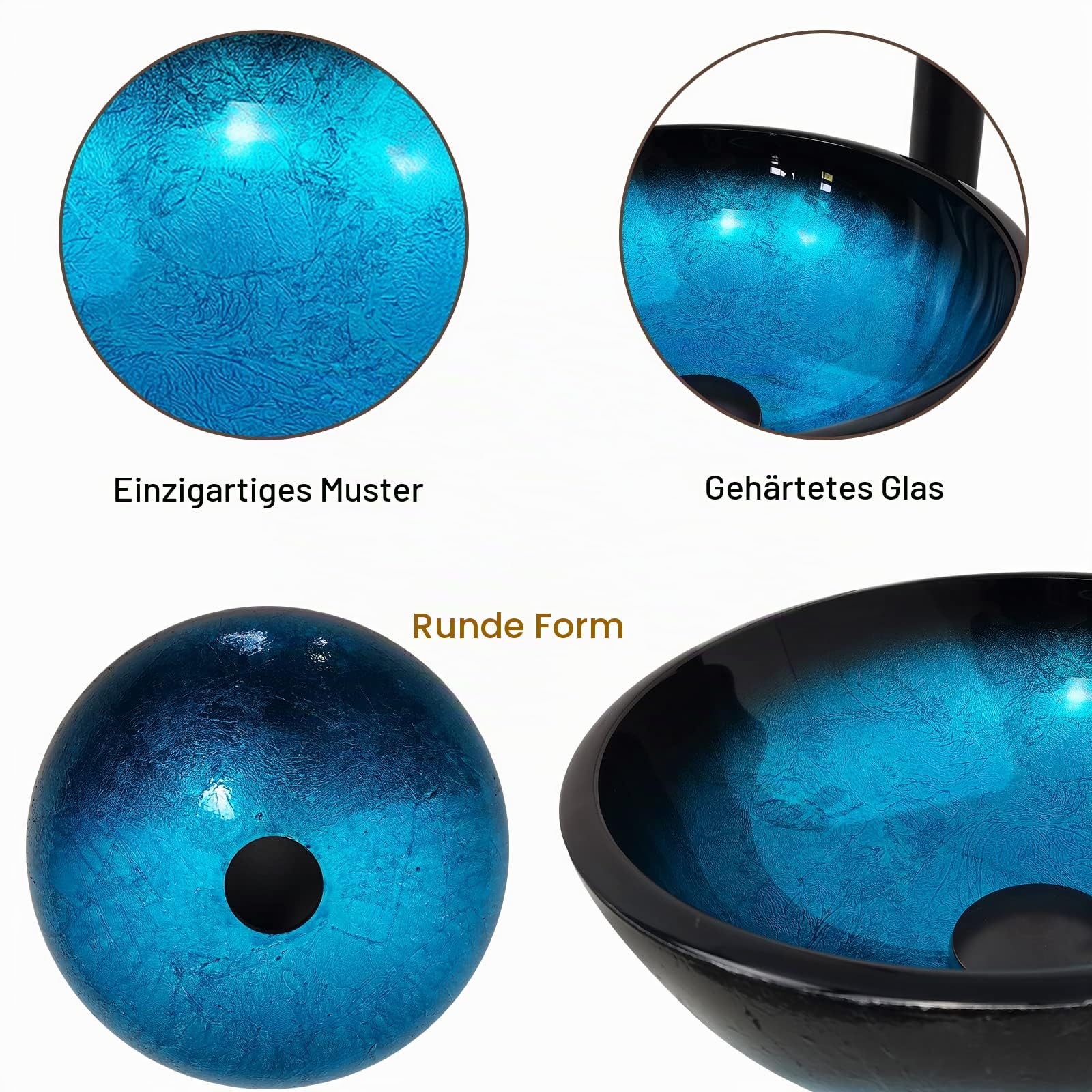 YM20208M Waschbecken aus gehärtetem Glas, rund, mit Wasserhahn-Kombination, 30,5 cm, Blau