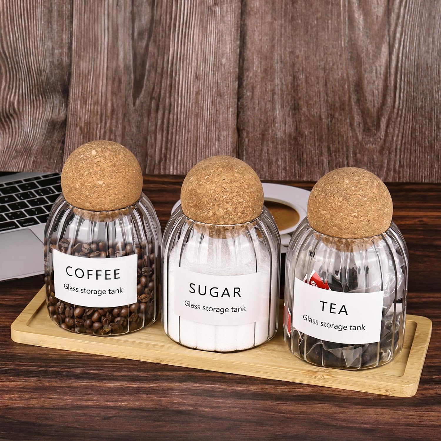 CTDMJ Tea Coffee and Sugar Canisters 3 Pack with Twooden tray