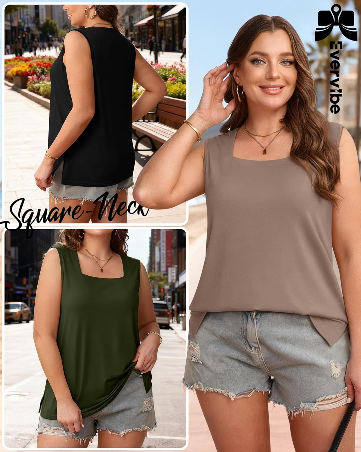 Evervibe 3 Pack Summer Plus Size Tank Tops for Women Sleeveless Tunic Shirts Square Neck Tops Side Slits 1X-5X