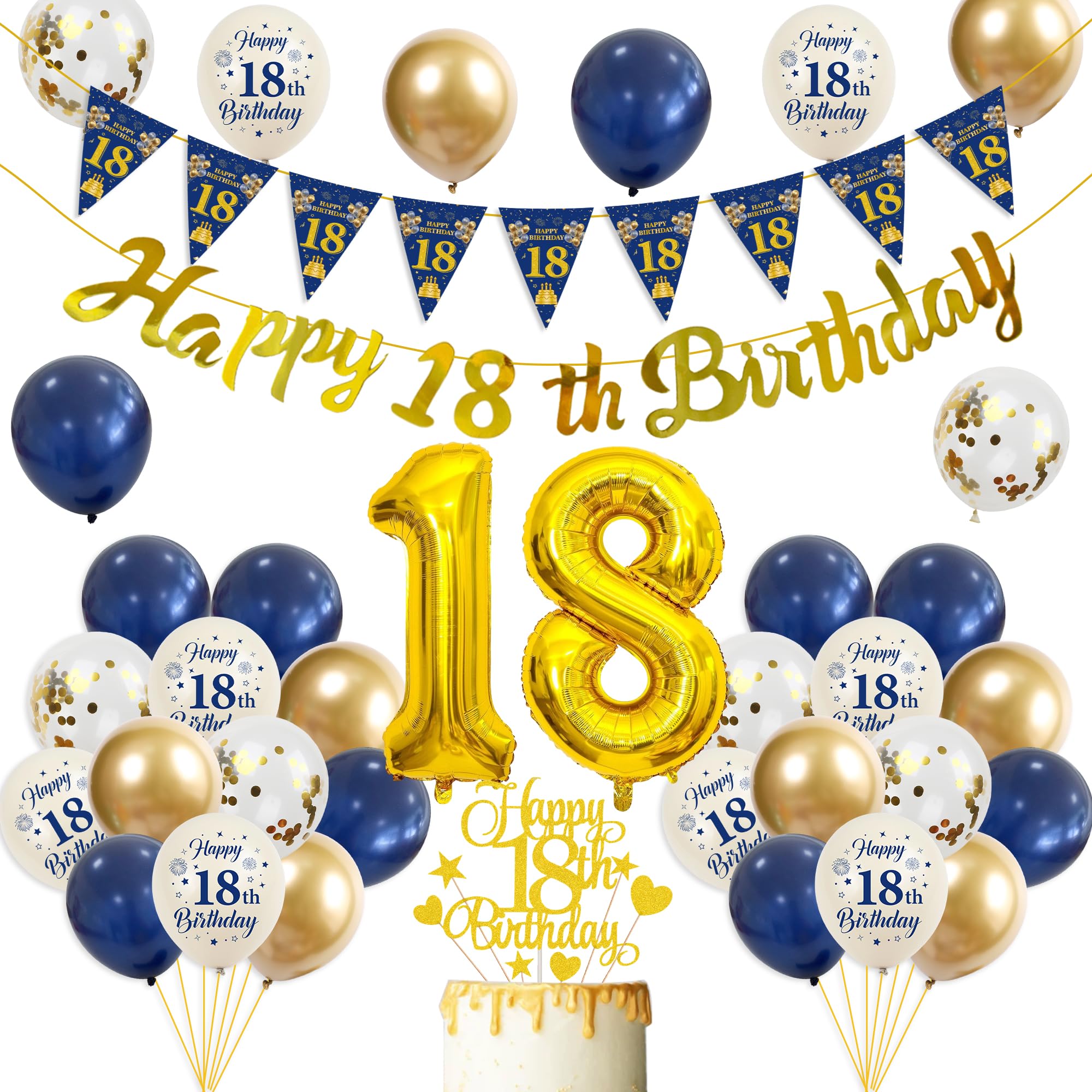 18th Birthday Decorations Boys Kit - 43 Pcs Blue Gold Happy 18th Birthday Banner Triangular Flag Number 18 Balloons Set Cake Topper for Boys Happy 18 Year Old Party Decoration Celebration Supplies