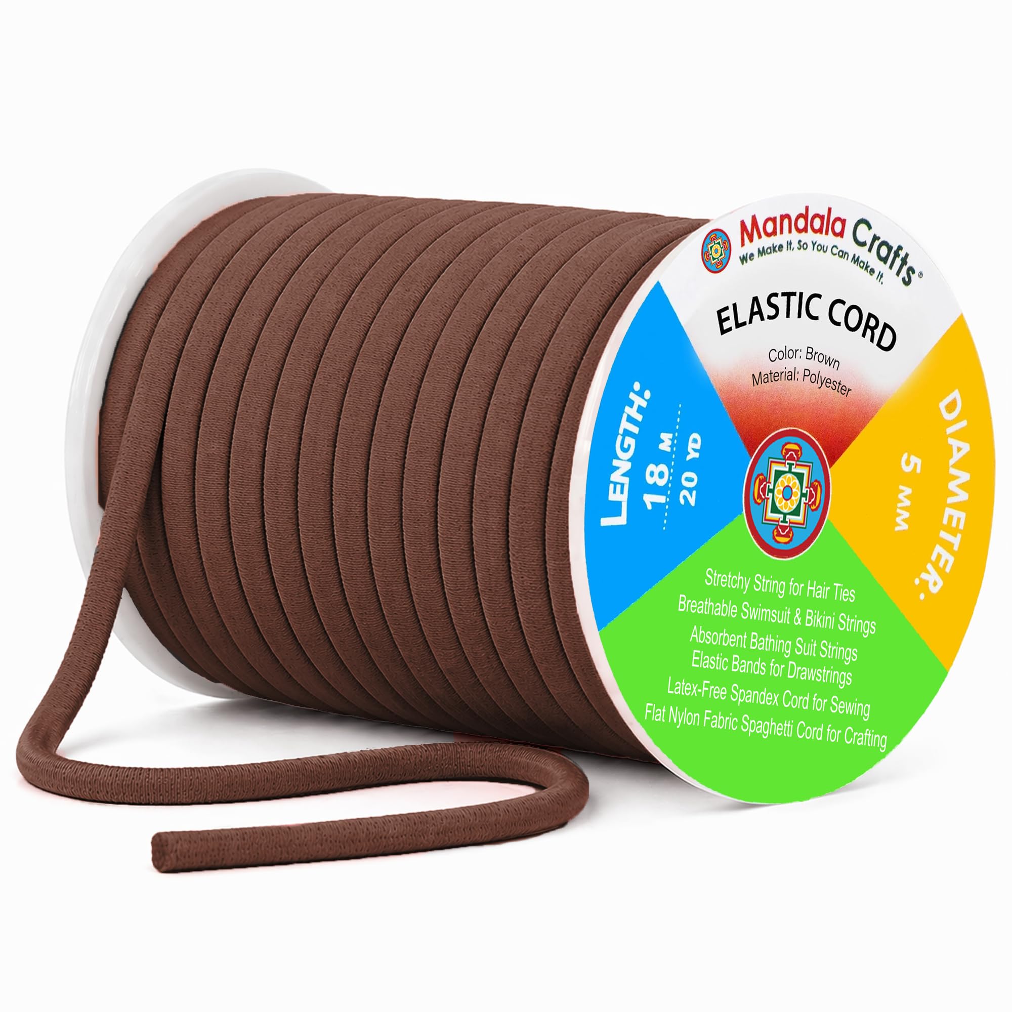 Mandala Crafts Brown Soft Elastic Cord – 20 Yards 5mm Flat Nylon Fabric Spandex Stretchy String Cords for Bikini, Bathing Suit String, Hair Ties, and Drawstring Sewing