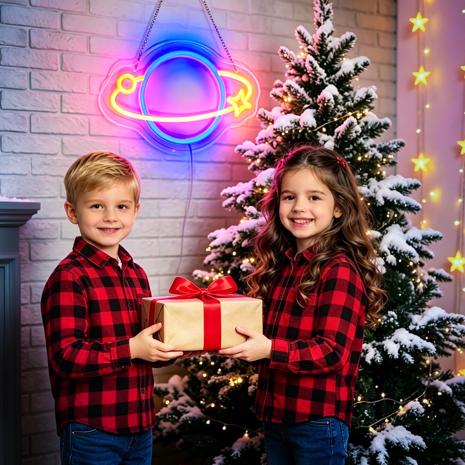 Pianeta Insegna al neon per decorazione da parete, luci notturne a LED dimmerabili, alimentata tramite USB, pianeta e stella, per camera da letto, sala giochi, club, regali per bambini amanti della