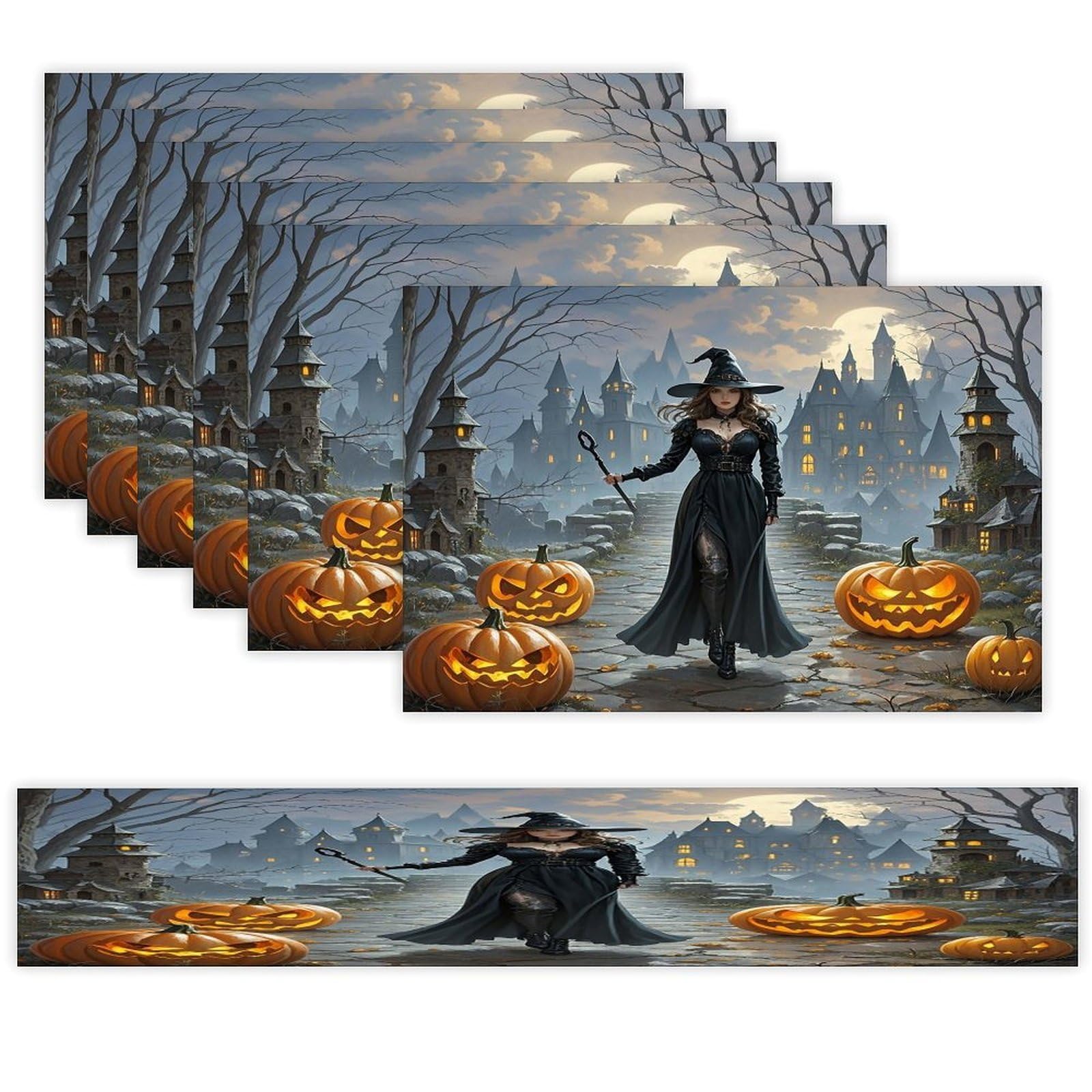 Witches Table Runner and Placemats Set of 6 Wipe Clean Heat Resistant Table Mat with Table Runner Decorations Flax Linen Place Mat Set for Home Kitchen Party Supplies