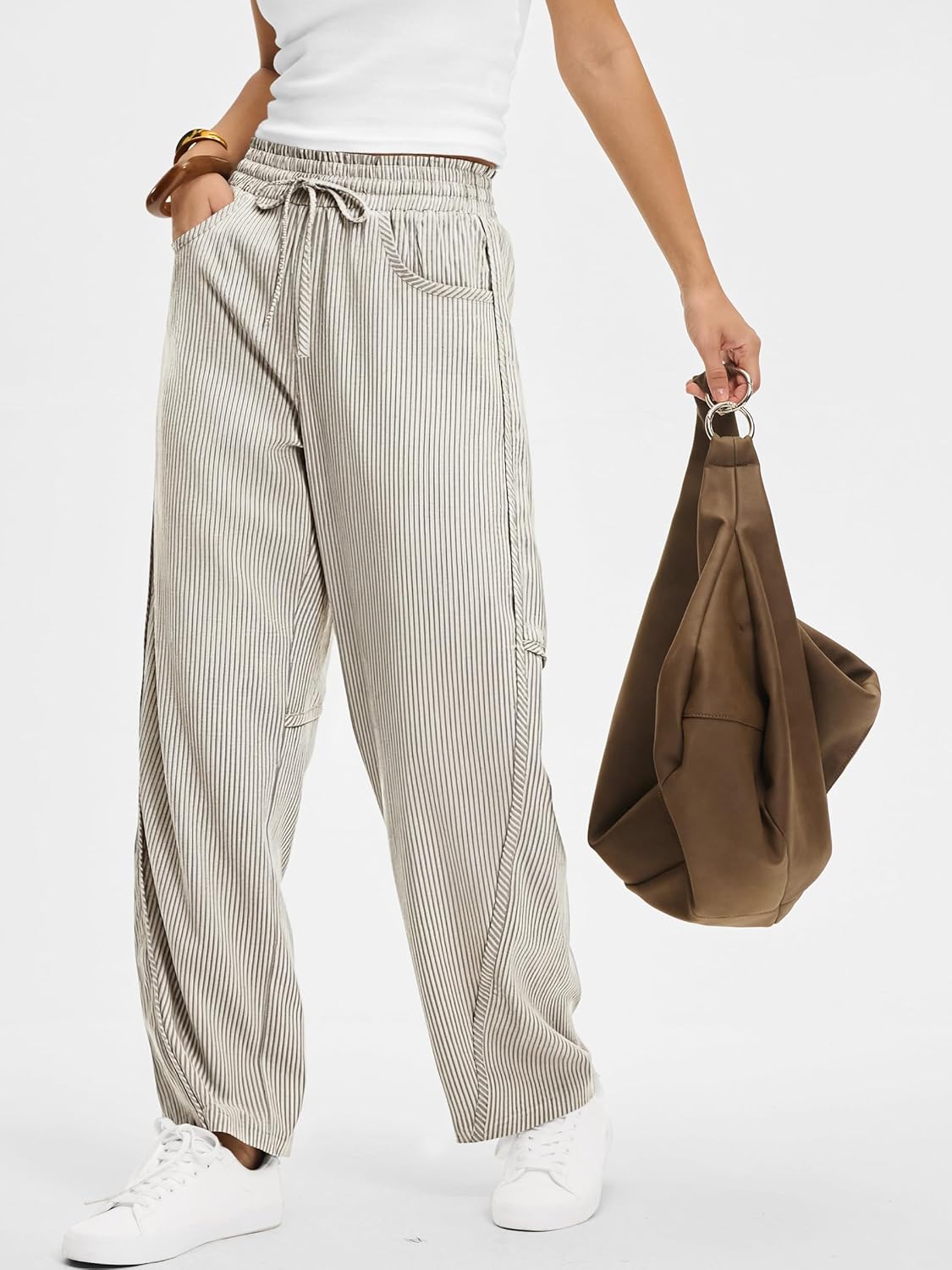 ANRABESS Womens Striped Barrel Casual Pants 2026 Trendy Summer Elastic Drawstring Baggy Lounge Wide Leg Trousers with Pockets - Image 4
