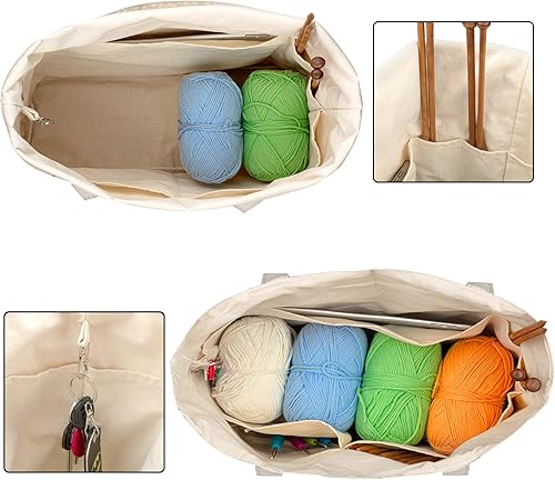 Miniatura 9 de YARWO Bolsa de punto con pequeña bolsa con cremallera, bolsa de hilo para agujas de tejer, madejas de hilo y suministros de tejido para llevar,