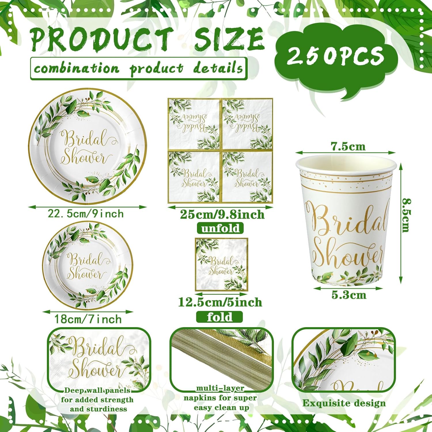 Colarr 250 Pcs Bridal Shower Plates and Napkins and Cup Sets Bridal Shower Party Supplies Paper Plates Napkins Disposable Tableware Set for Wedding Engagement Bachelorette Party(Eucalyptus)