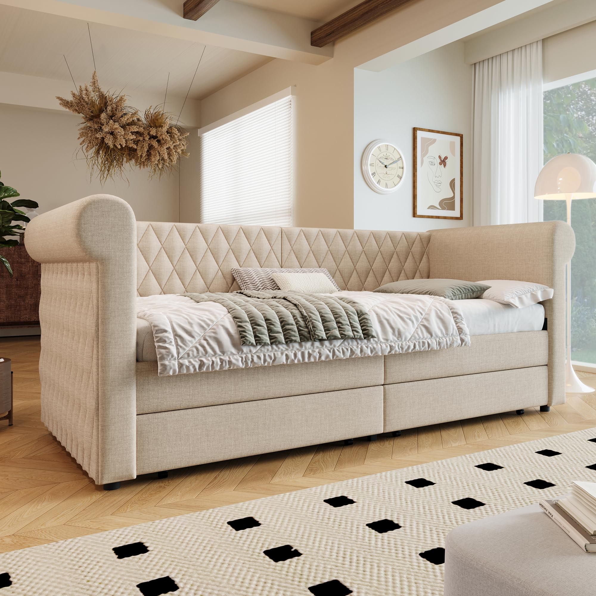 Soweiz Gepolstertes Schlafsofa mit Lattenrost und Stauraum, geeignet für Kinder, Gäste und Jugendliche, 90 x 200 cm (Beige Linen) Küche, Haushalt & Wohnen