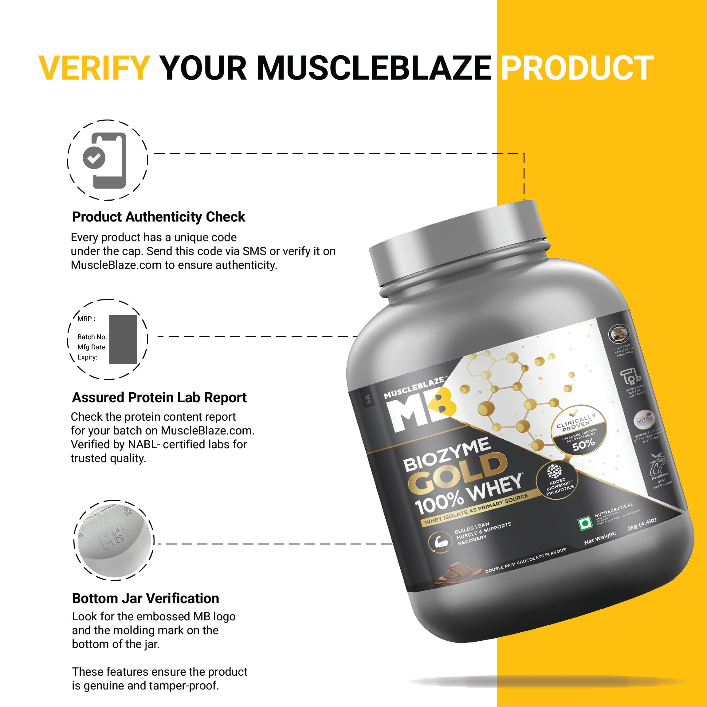 MuscleBlaze Biozyme Gold 100% Whey Protein Powder, 2kg (4.4lbs) — Amazon image 4