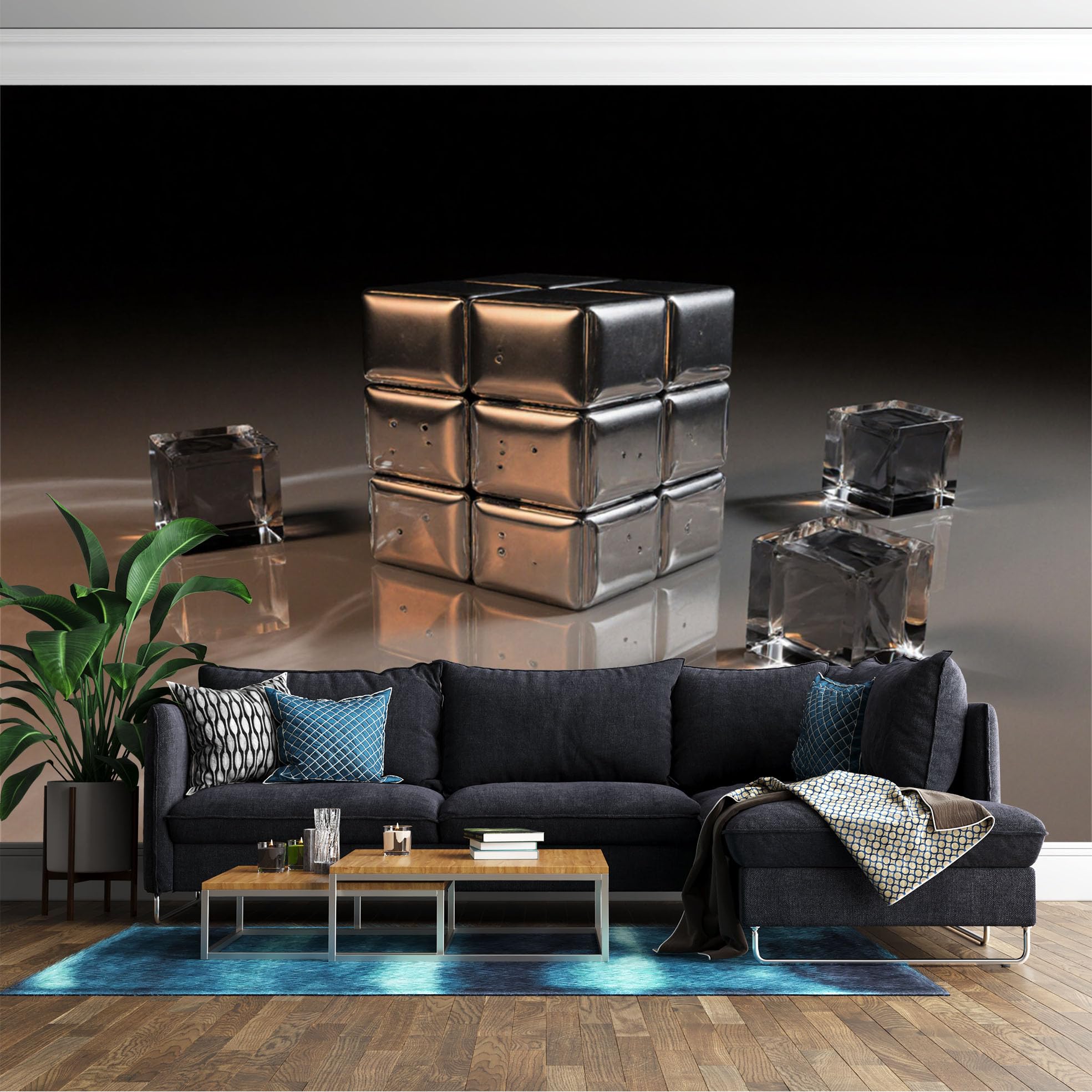 Custom Wall Mural Wallpaper，Geometric Cubes Abstract Shiny Metal Blocks Glass Ice Crystal Shapes Modern Art Decor，Removable SelfAdhesive Large Photo for Living Room，Bedroom，Office